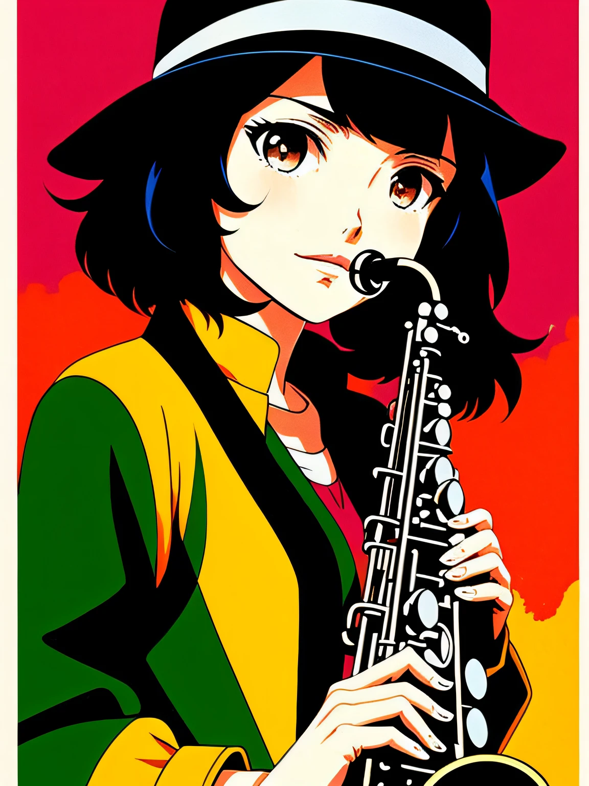 Um retrato ultra detalhado de uma  1girl tocando sax, pintura digital colorida, altamente detalhada, pintura digital, arts station, intrincada, foco nítido, warm ilumination, atraente, de alta qualidade, obra-prima, arte premiada, anime anos 80  de Leiji Matsumoto, trending on ArtStation, trending on deviantart, Anime Key Visual, Anime coloring, (captura de tela do anime: 1.2), (Graphic Novel), (estilo do anime: 1.3), trend at CGSociety