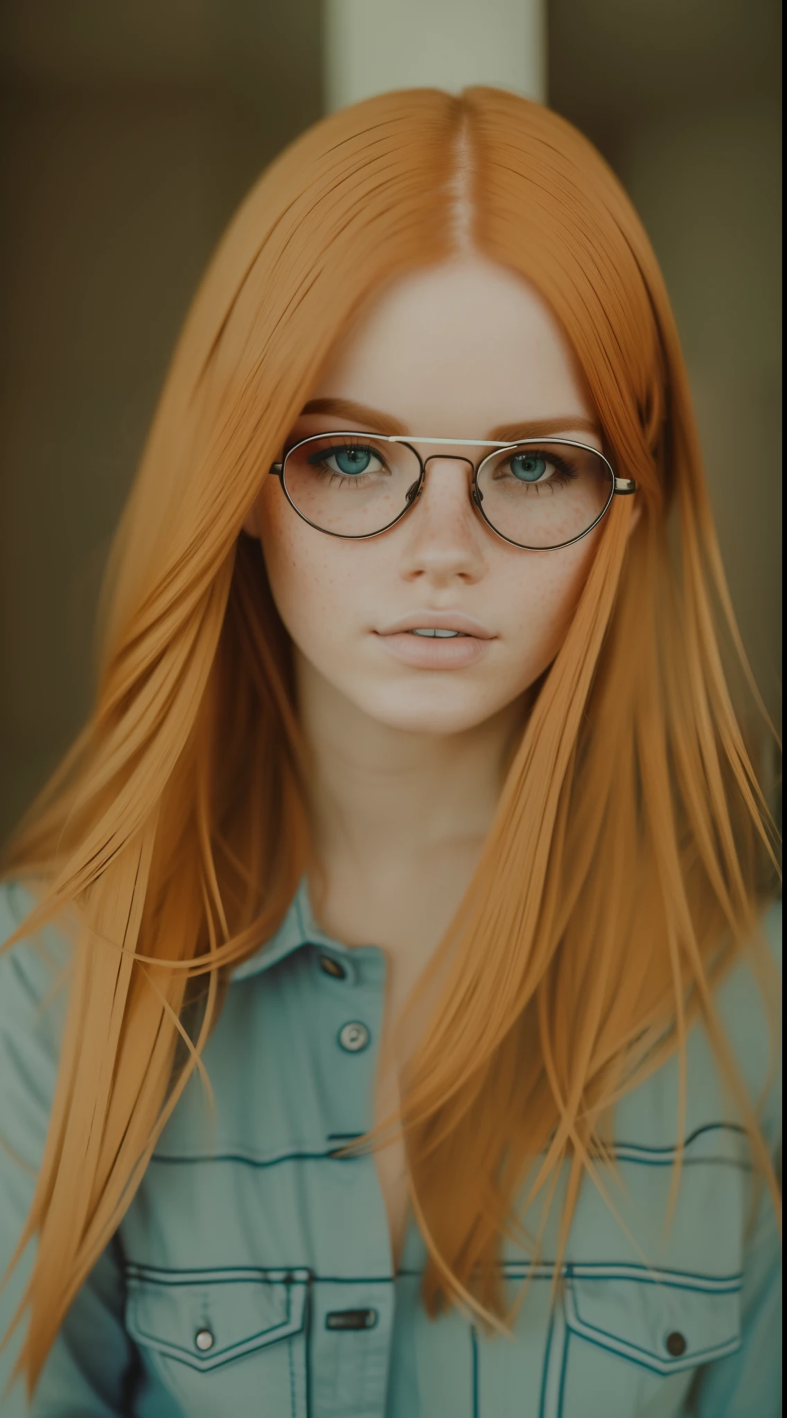 a girl with red hair and blue eyes, with freckles on her cheeks, she is wearing aviator style glasses. standing in a dark room looking at the camera. photography style