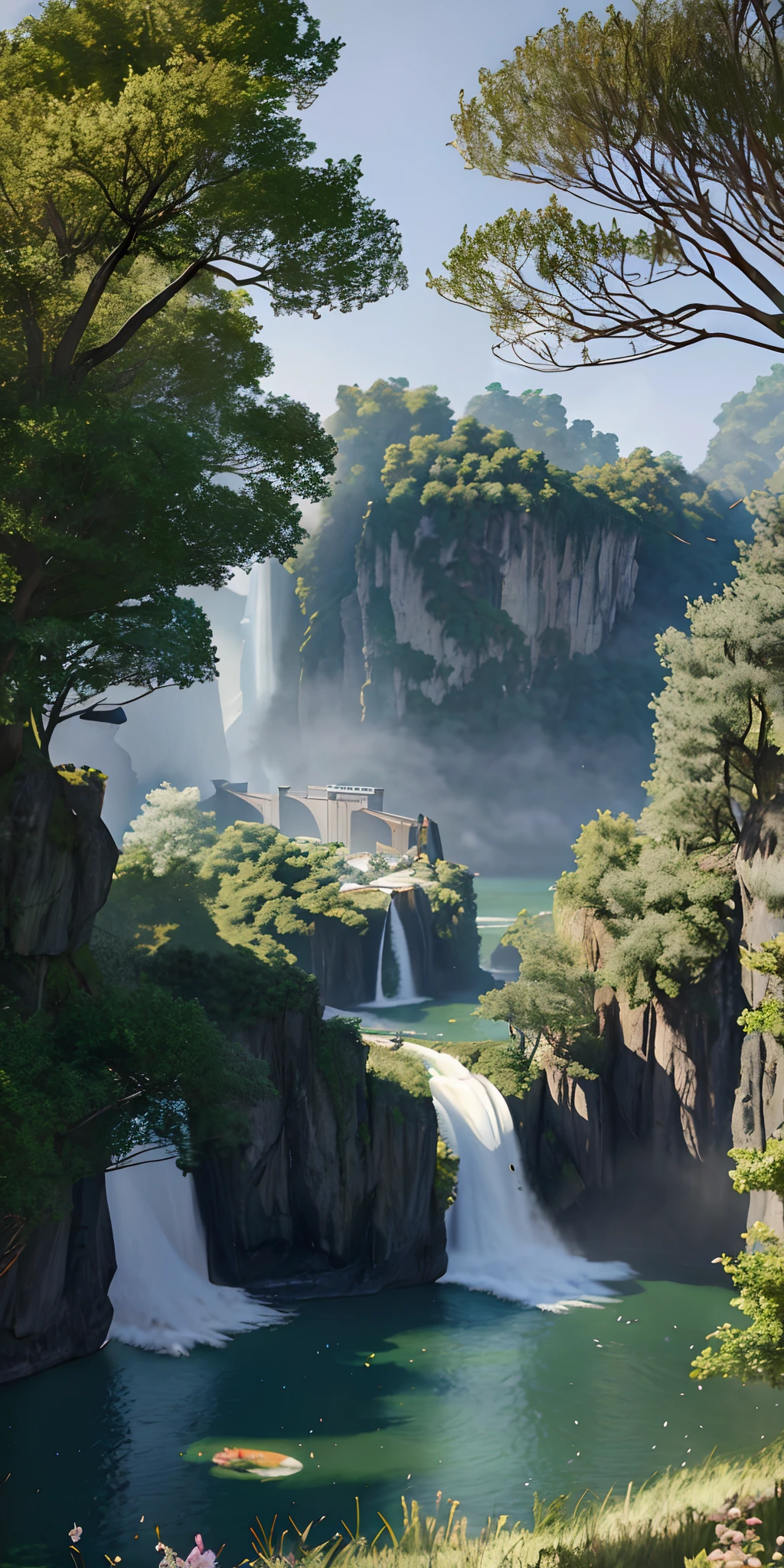 analogue style,ChromaV5,nvinkpunk,(非常A detailed的 CG 统一 8k 壁纸),Majestic river,Trees on both sides,waterfallr,dense fog,award winning photography,color difference,A detailed,HDR,Bloom,Monet-style image、Pissarro and Sisley,Trends on ArtStation,Popular trends on CGSociety,The art of midjourney
