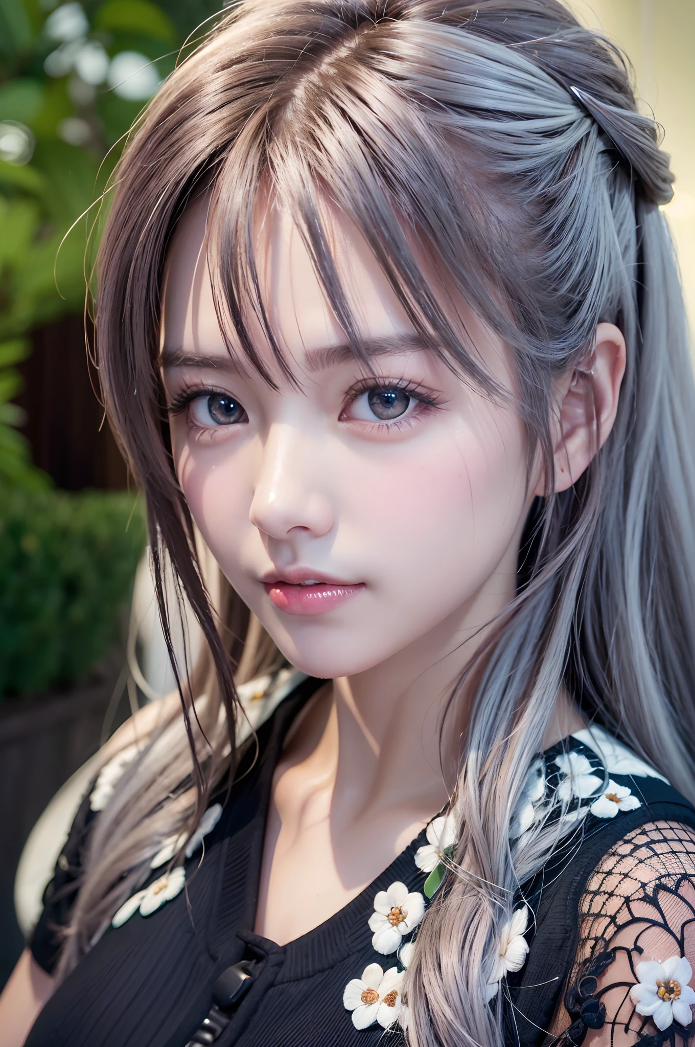 top-quality、8K Masterpiece、超A high resolution、(Photorealsitic:1.3)、Raw photo、1人、silver white hair、poneyTail、glowy skin、1 super beautiful college girl、((super realistic details))、portlate、globalillumination、Shadow、octan render、8K、ultrasharp、highly intricate detail、Realistic light、CGSoation Trends、Beautiful eyes、radiant eyes、Facing the camera、