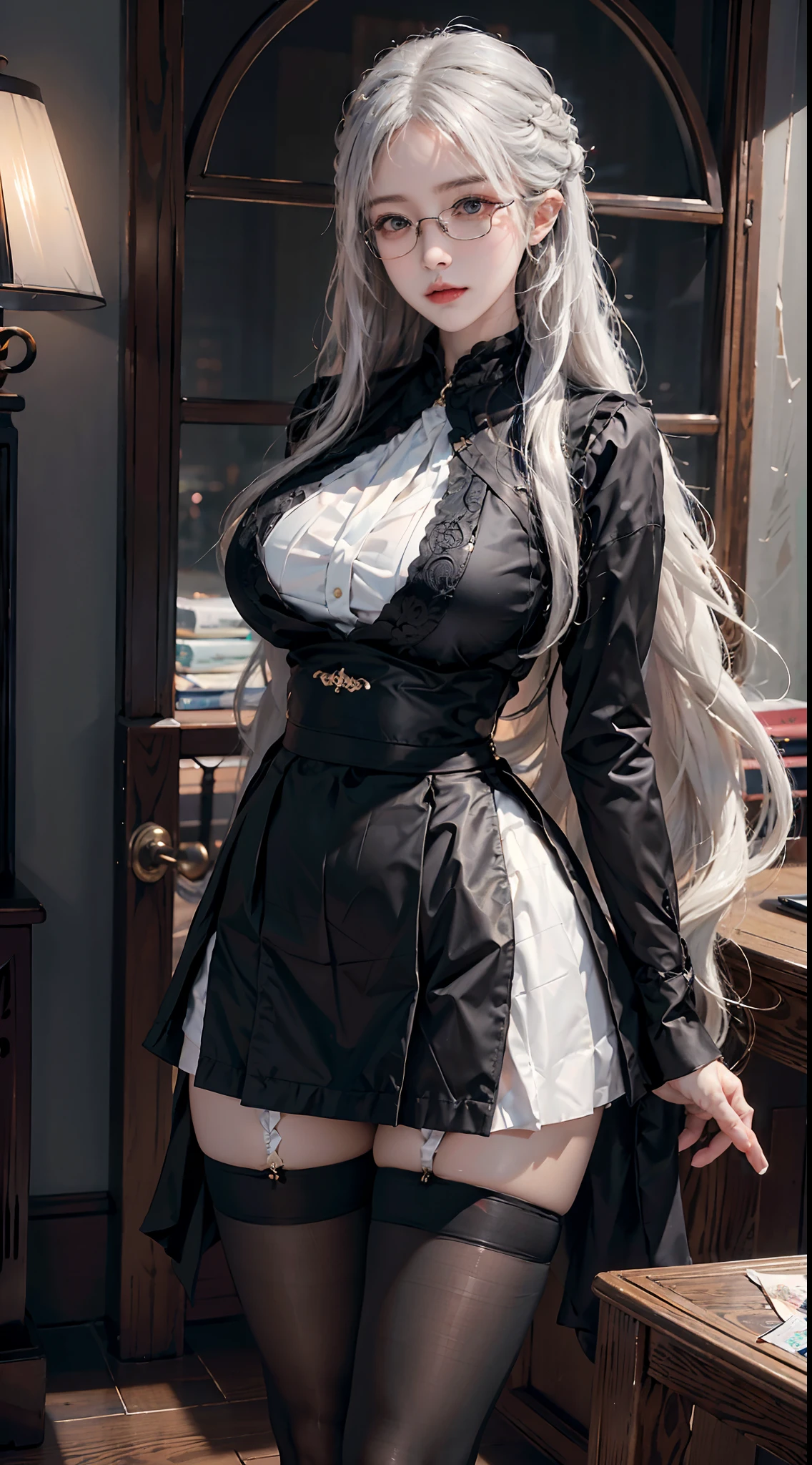 ulzzang-6500-v1.1, (raw photo:1.2), (photorealistic:1.4), beautiful detailed girl, very detailed eyes and face, beautiful detailed eyes, ridiculous, incredibly ridiculous, huge file size, super detailed, high resolution, very detailed, best quality, masterpiece, ((fashion clothing with diverse colors)), illustration, very detailed, CG, unified, 8k wallpaper, amazing, fine detail, masterpiece ,best quality, very detailed CG uniform 8k wallpaper, light on face, movie lighting, 1girl, 25 years old, long white hair, side splits, (big breasts), (no panties)), (glasses), ((dynamic pose))), ((sexy pose))), (camel toe), (half), (pantyhose)), ((black hip skirt))