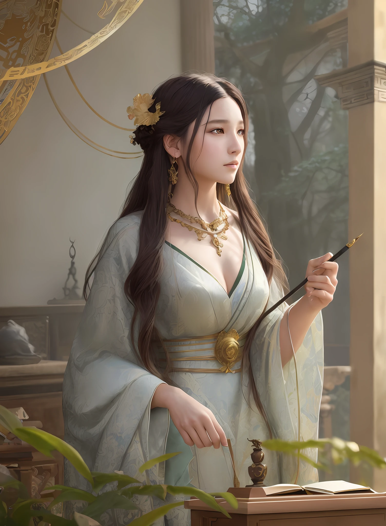 High quality, Masterpiece, Masterpiece, Exquisite facial features, Exquisite Hair, Elaborate Eyes, Delicate colored hair, 4K quality, Gorgeous light and shadow, Tyndall effect, Halo, Messy hair, Young state, Gorgeous scenes, Beautifully dressed, Chains, feater,Ancient Chinese beauties have big eyes and rich details, Digital painting, art stations, concept-art, Sharp focus, illustration, greg rutkovsky(Greg Rutkowski)、An Alphonse Mucha's(Alphonse Mucha)and Victor Ngay(Victo Nkai)of works of art