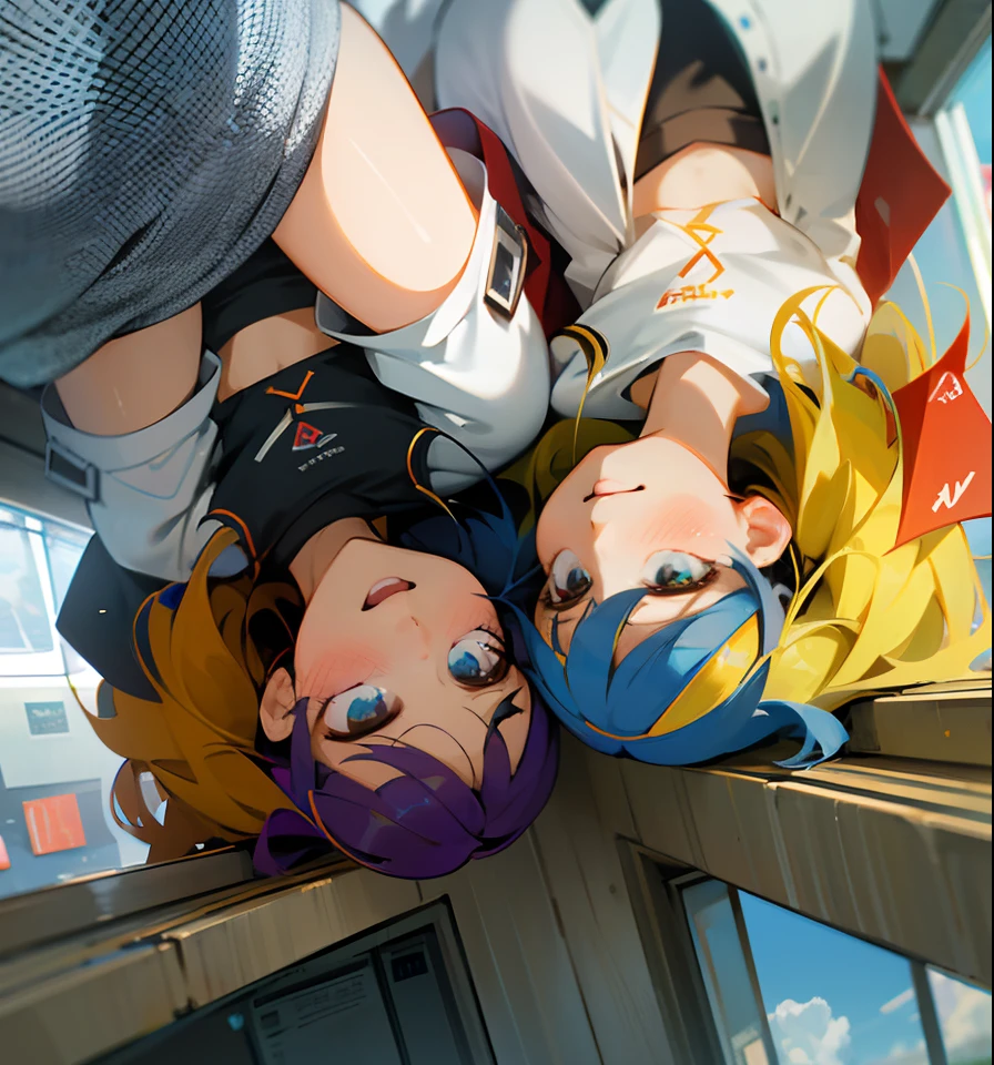 there are two women that are standing next to each other, distorted photo, pov photo, vacation photo, head is up, selfie shot straight on angle, back to us, kda and sam yang, photo taken in 2 0 2 0, with wet faces!!, hanging upside down, annoying sister vibes, upside-down, upside - down