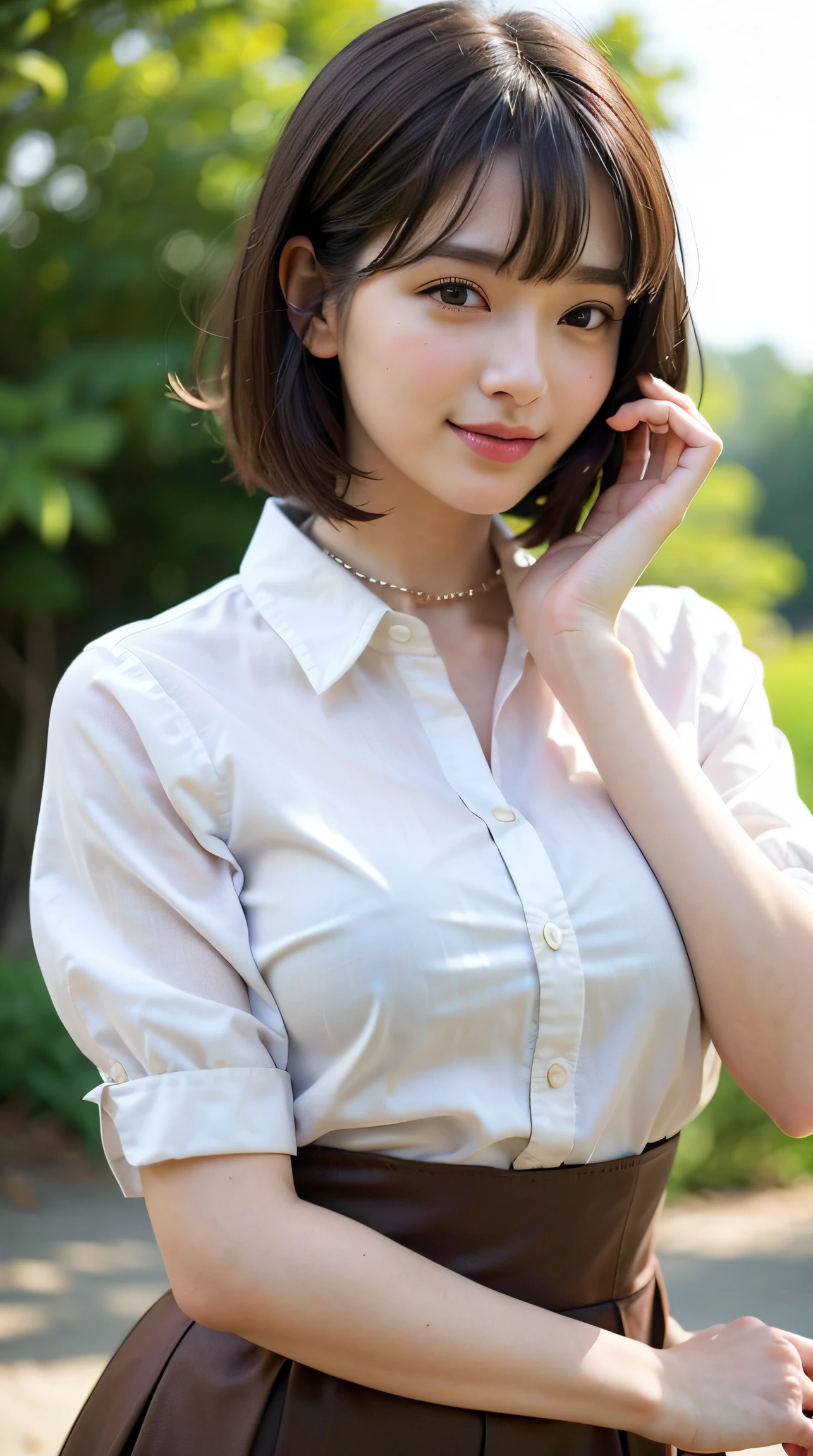 (Raw photo, Best Quality), (Realistic, Photorealsitic:1.3), masterpiece, Extremely delicate and beautiful, Soft light, (Brown hair, Short hair swaying in the wind, Bangs), Beautiful detailed girl, (Detailed fingers), extremely detailed eye and face, beautiful detailed nose, Beautiful detailed eyes, 1 girl, Japanese, Neat and clean beauty, Cute, 年轻, Smile, Silk Collar Shirt, Long flared skirt, (Half body:1.3), (medium breasts), Realistic face, Realistic body, Outdoors