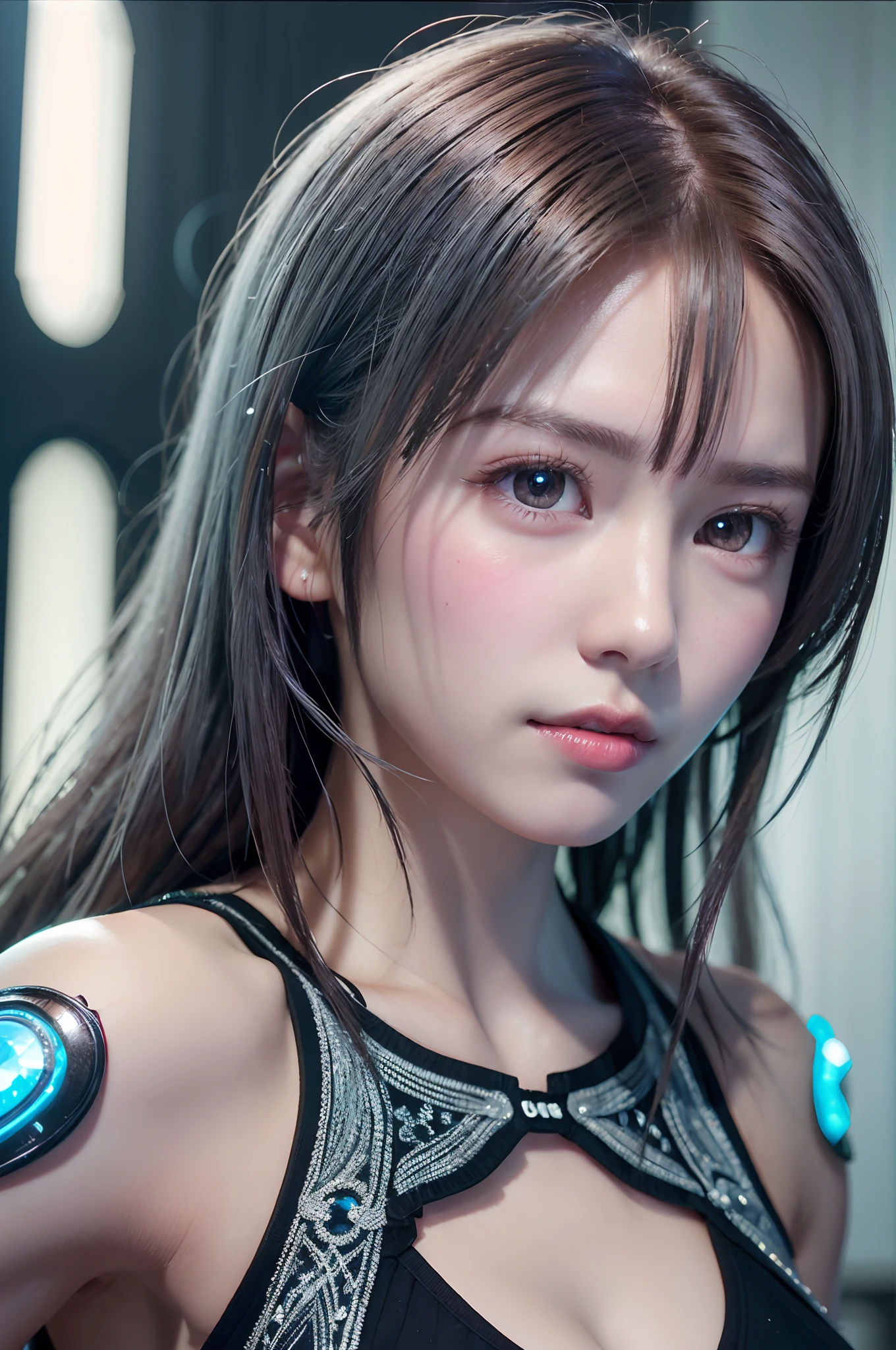 Masterpiece, 1 Beautiful Girl, Detailed, Swollen Eyes, Top Quality, Ultra High Resolution, (Reality: 1.4), Original Photo, 1Girl, Cinematic Lighting, Smiling, Japanese, Asian Beauty, Korean, Clean, Super Beautiful, Little Young Face, Beautiful Skin, Slender, Cyberpunk Background, (ultra realistic), (high resolution), (8K), (very detailed), (best illustration), (beautifully detailed eyes), (super detailed), (wallpaper), (detailed face), viewer looking, fine detail, detailed face, pureerosfaceace_v1, smiling, 46 point slanted bangs, looking straight ahead, neat clothes, dark colored eyes, clothes sleeveless, body facing front,