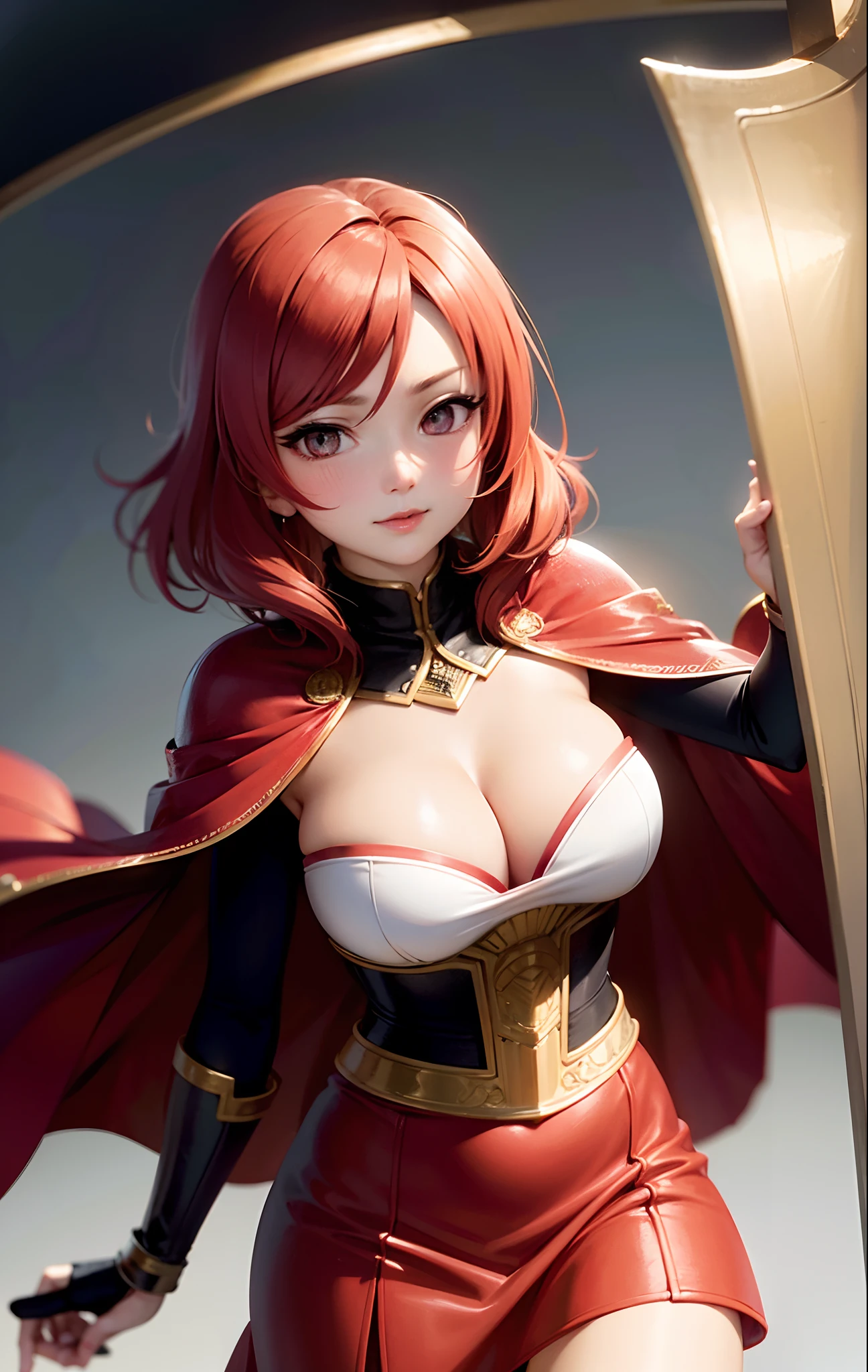 Nishikino maki, Purple eyes, red hair, adult, armor,red skirt, holding shield,cape, cleavage