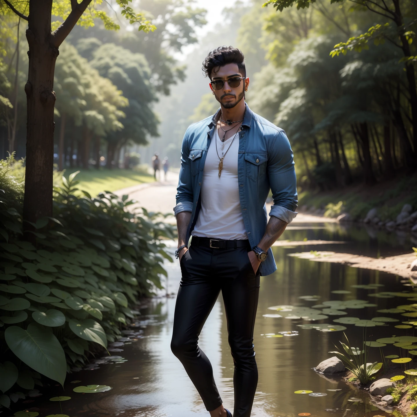arafed man in sunglasses standing on a sidewalk next to a pond, with a cool pose, mohamed chahin style, jayison devadas style, full body photogenic shot, in front of a forest background, with accurate face, jayison devadas, riyahd cassiem, full body picture, cool pose, candid picture, casual photography, casual pose
 INFO