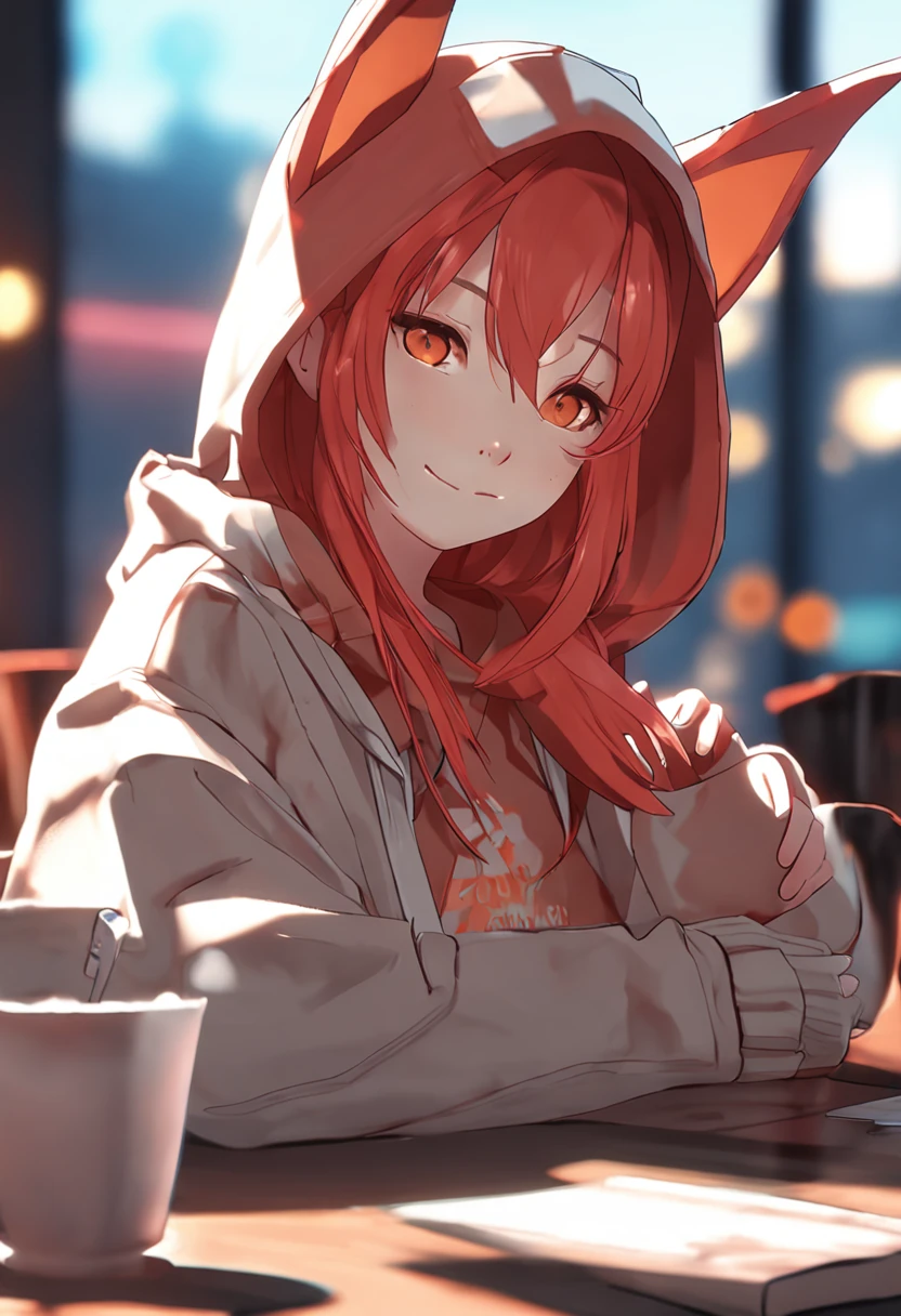 Beautiful girl with red straight hair and red eyes, Long rabbit ears, Thumbs up, Sitting in a coffee shop, during night, She wears an orange hoodie, Nostalgic and melancholic atmosphere, Mug on the table, Detailed Digital Anime Art, loish and wlop, Cute Anime Art, Adorable anime girl, digital anime illustration, inspired by WLOP, Art Station Top, super detailed fantasy characters, 3D Anime Style, high quality render
