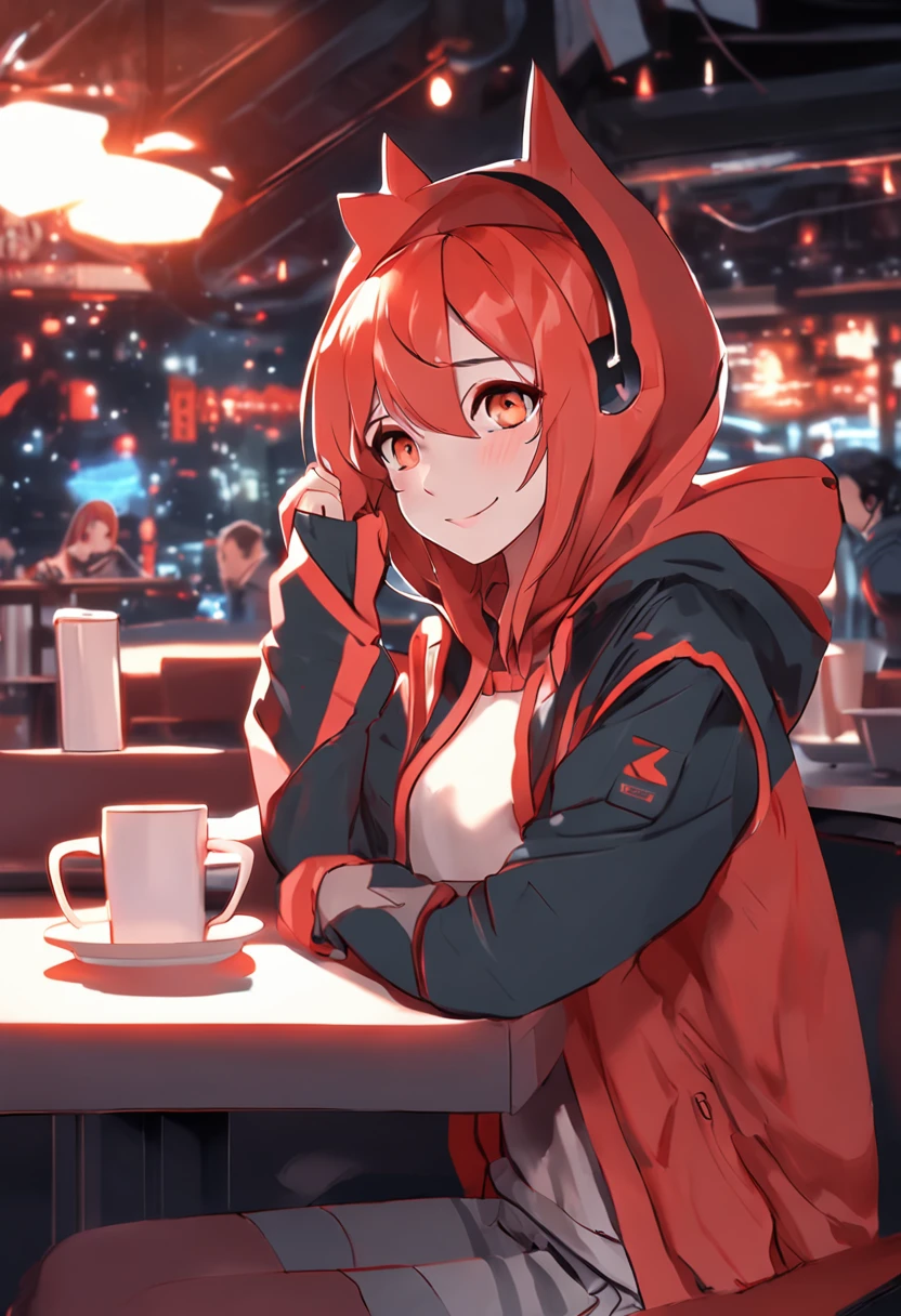Beautiful girl with red straight hair and red eyes, Long rabbit ears, Thumbs up, Sitting in a coffee shop, during night, She wears an orange hoodie, Nostalgic and melancholic atmosphere, Mug on the table, Detailed Digital Anime Art, loish and wlop, Cute Anime Art, Adorable anime girl, digital anime illustration, inspired by WLOP, Art Station Top, super detailed fantasy characters, 3D Anime Style, high quality render