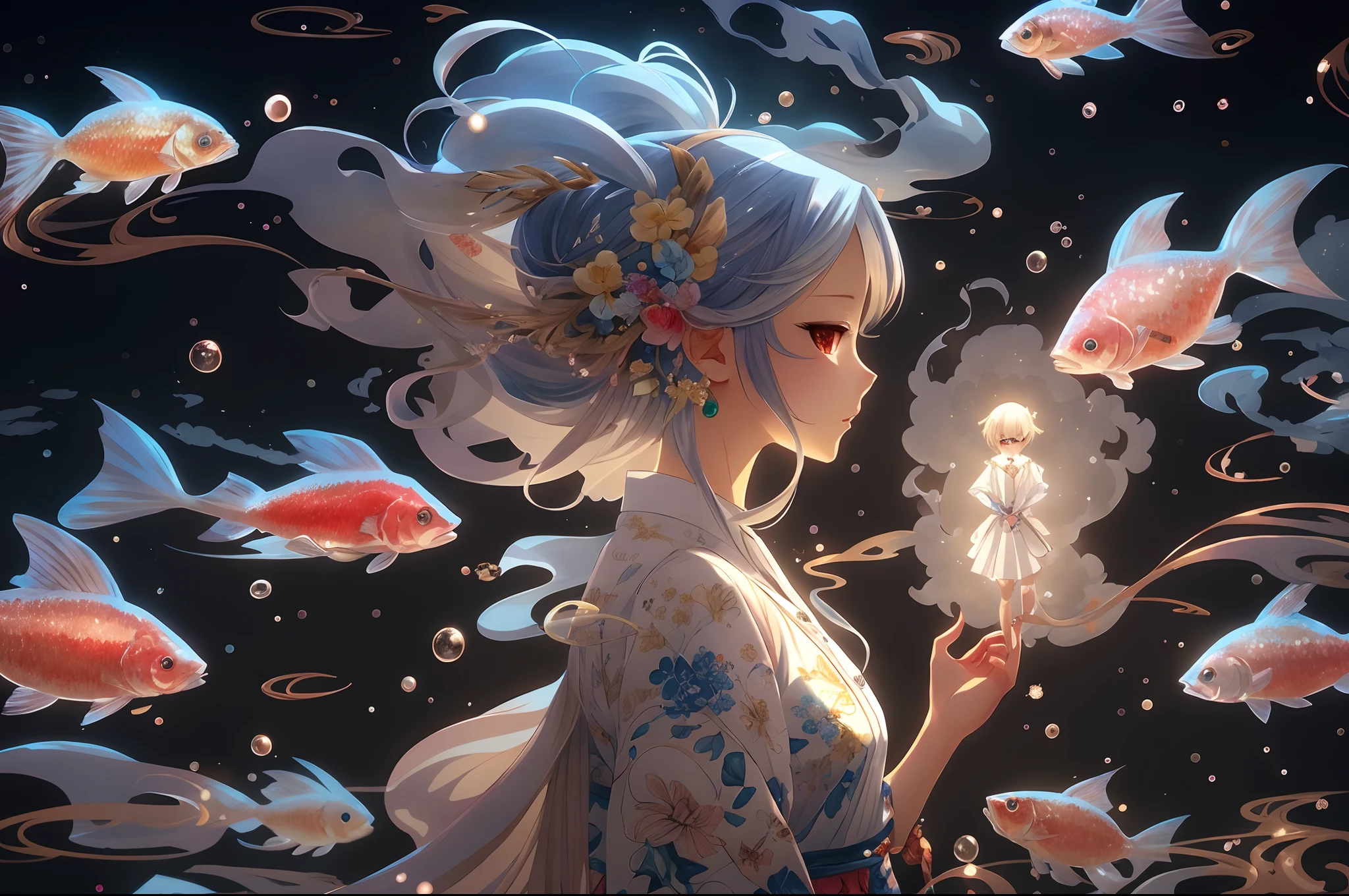 animemanga girl,There are fish in the hair,white dresses, A beautiful artwork illustration, Anime art wallpaper 4 K, Anime art wallpaper 4k, Anime art wallpaper 8 K, Anime fantasy illustration, Exquisite digital illustration, Beautiful digital artwork, Beautiful anime artwork, Anime fantasy artwork, Japanese art style, Detailed digital anime art, Fantasy art style, stunning digital illustration