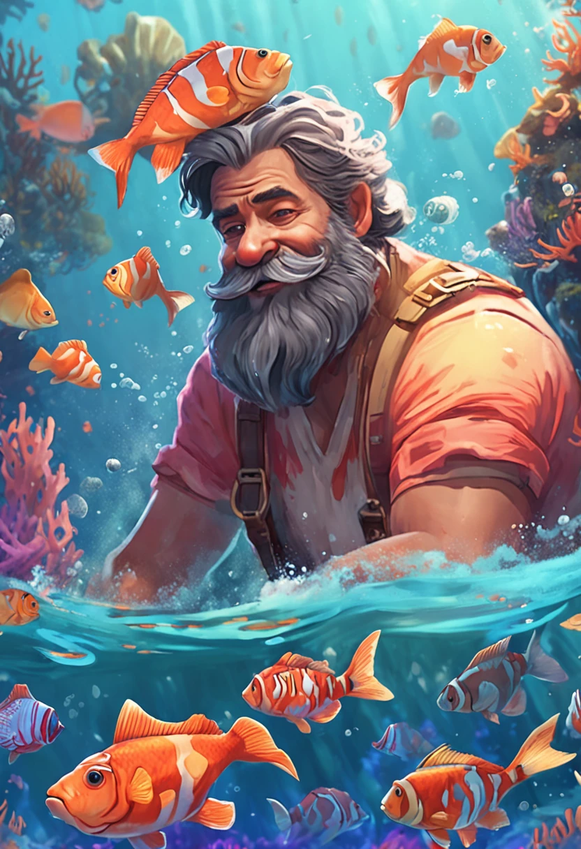 movie picture quality，style of disney animation，Disney animated films，ocean floor，The corals，Colorful，The stocky bearded uncle swims in the sea on a giant koi，short detailed hair，Denim suspenders，The barefoot，depth of fields，high light，Real light，Ray traching，oc rendered，Hyper-realistic，best qualtiy，8K，Works of masters，super-fine，Detailed pubic hair，Correct anatomy，sharp focus on eyes，Bokeh，Facial features are carefully depicted，looking at me
