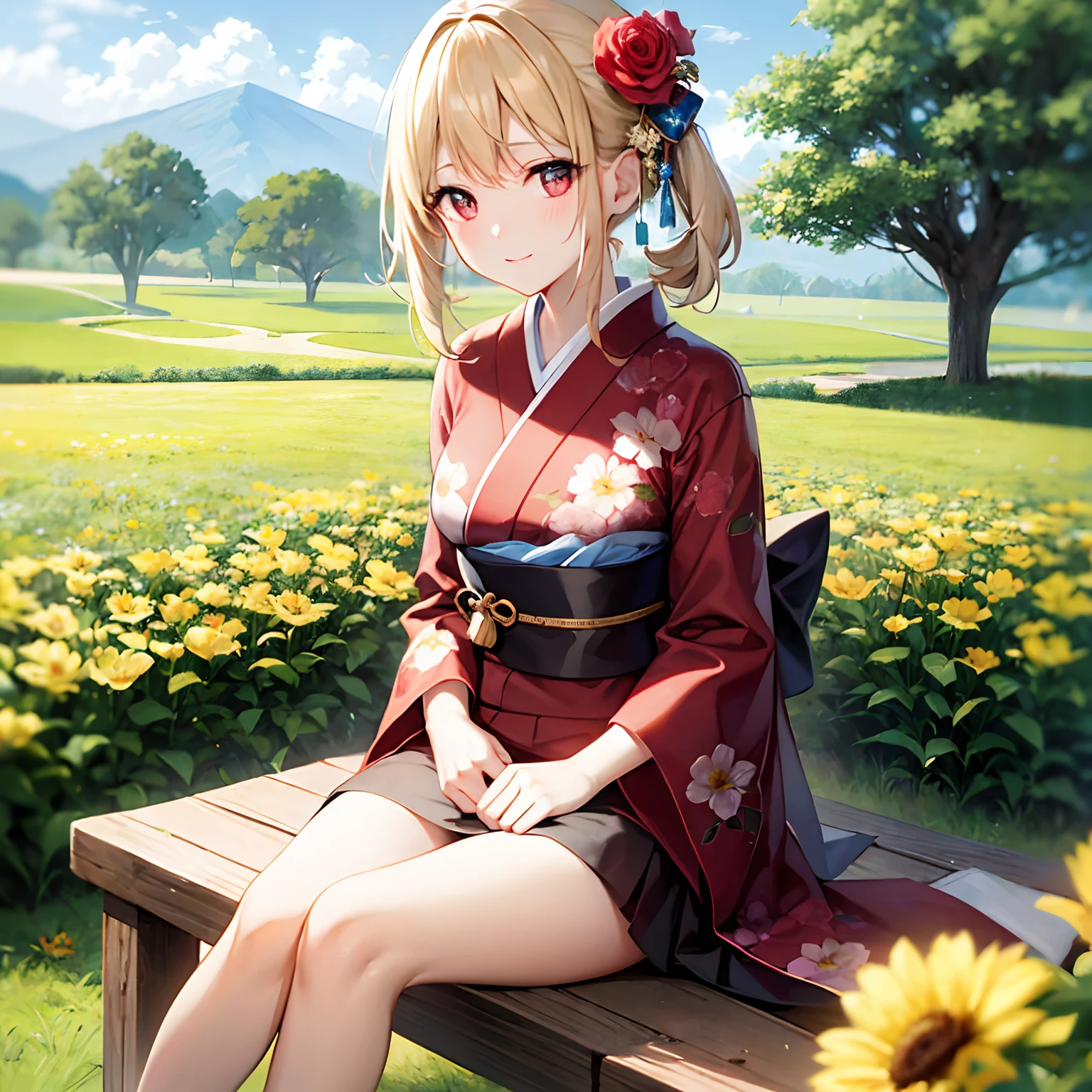 a blond、red eyes、Beautiful girl alone、Bright red kimono、off shoulders、a miniskirt、sitting on、rose garden、
