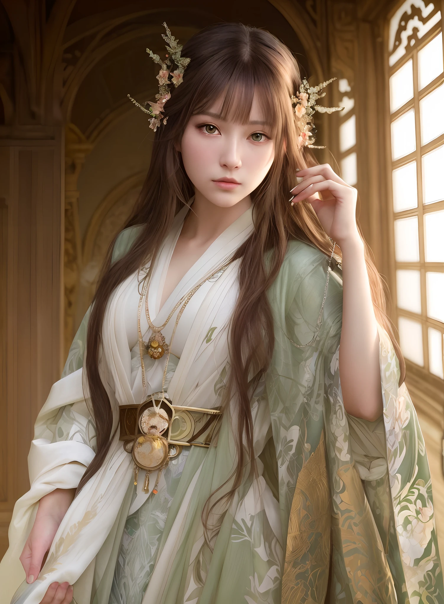 High quality, Masterpiece, Masterpiece, Exquisite facial features, Exquisite Hair, Elaborate Eyes, Delicate colored hair, 4K quality, Gorgeous light and shadow, Tyndall effect, Halo, Messy hair, Young state, Gorgeous scenes, Beautifully dressed, Chains, feater,Ancient Chinese beauties have big eyes and rich details, Digital painting, art  stations, concept-art, Sharp focus, illustration, greg rutkovsky（Greg Rutkowski）、An Alphonse Mucha's（Alphonse Mucha）and Victor Ngay（Victo Nkai）of works of art
