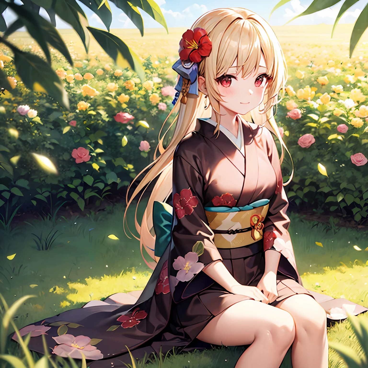 a blond、red eyes、Beautiful girl alone、Floral kimono、flower field、sitting on、