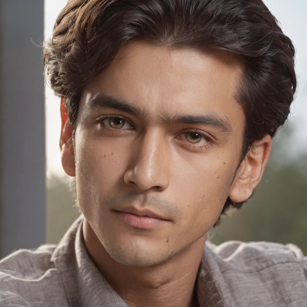 man with curley Hair office boy sitting alone in the mddle of the bench , ultra 4k, ultra realistic , detailed face structure, more detailed face skin tone more like to indian, bright sky, golden hour, after rain,