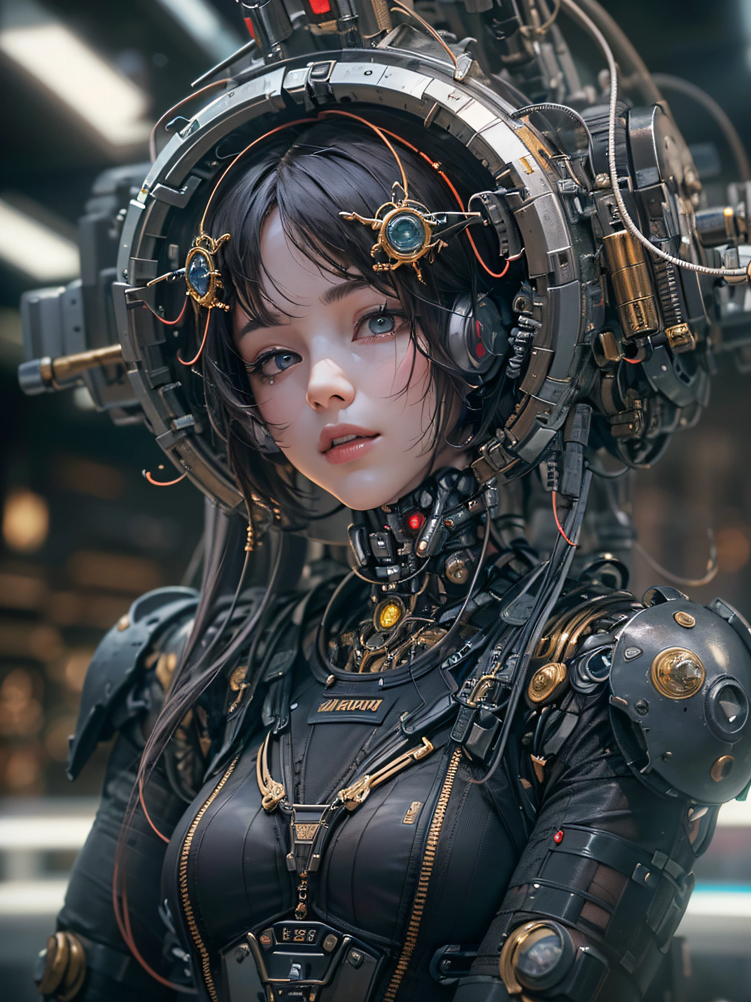 top Quority， tmasterpiece， 超高分辨率， （realisticlying： 1.4）， RAW photogr， 1 rapariga， brunette color hair，  1 mechanical girl， （hyper realistic detailed））， sportrait， globalillumination， shadowing， rendering by octane， 8K， Super sharp，The groove exposes the original skin， metals， Details of complex ornaments， Steampunk details， analog meters， gear wheel， gear wheel， Golden hydraulic cylinder， very complex details， realistic raytraicing， CGSoation trends， a purple eye，glowing light eyes，facing at camera，neon light detail，Mechanical limbs，blood vessels attached to the tube，A mechanical vertebrae attached to the back，Mechanical cervical connection of the neck，sitted，Wires and cables connected to the head，Up，Small LED light