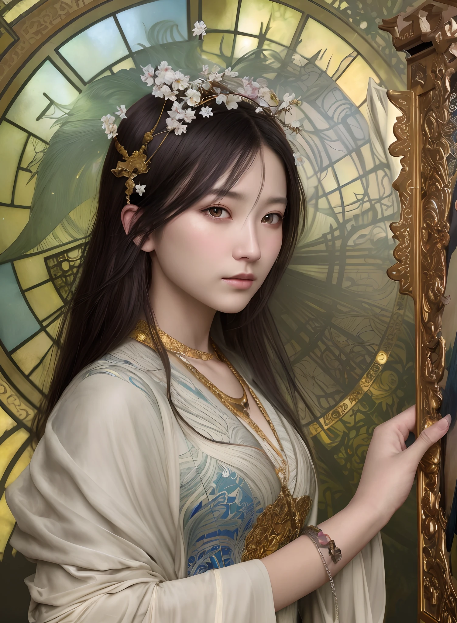 High quality, Masterpiece, Masterpiece, Exquisite facial features, Exquisite Hair, Elaborate Eyes, Delicate colored hair, 4K quality, Gorgeous light and shadow, Tyndall effect, Halo, Messy hair, Young state, Gorgeous scenes, Beautifully dressed, Chains, feater,Ancient Chinese beauties have big eyes and rich details, Digital painting, art stations, concept-art, Sharp focus, illustration, greg rutkovsky(Greg Rutkowski)、An Alphonse Mucha's(Alphonse Mucha)and Victor Ngay(Victo Nkai)of works of art