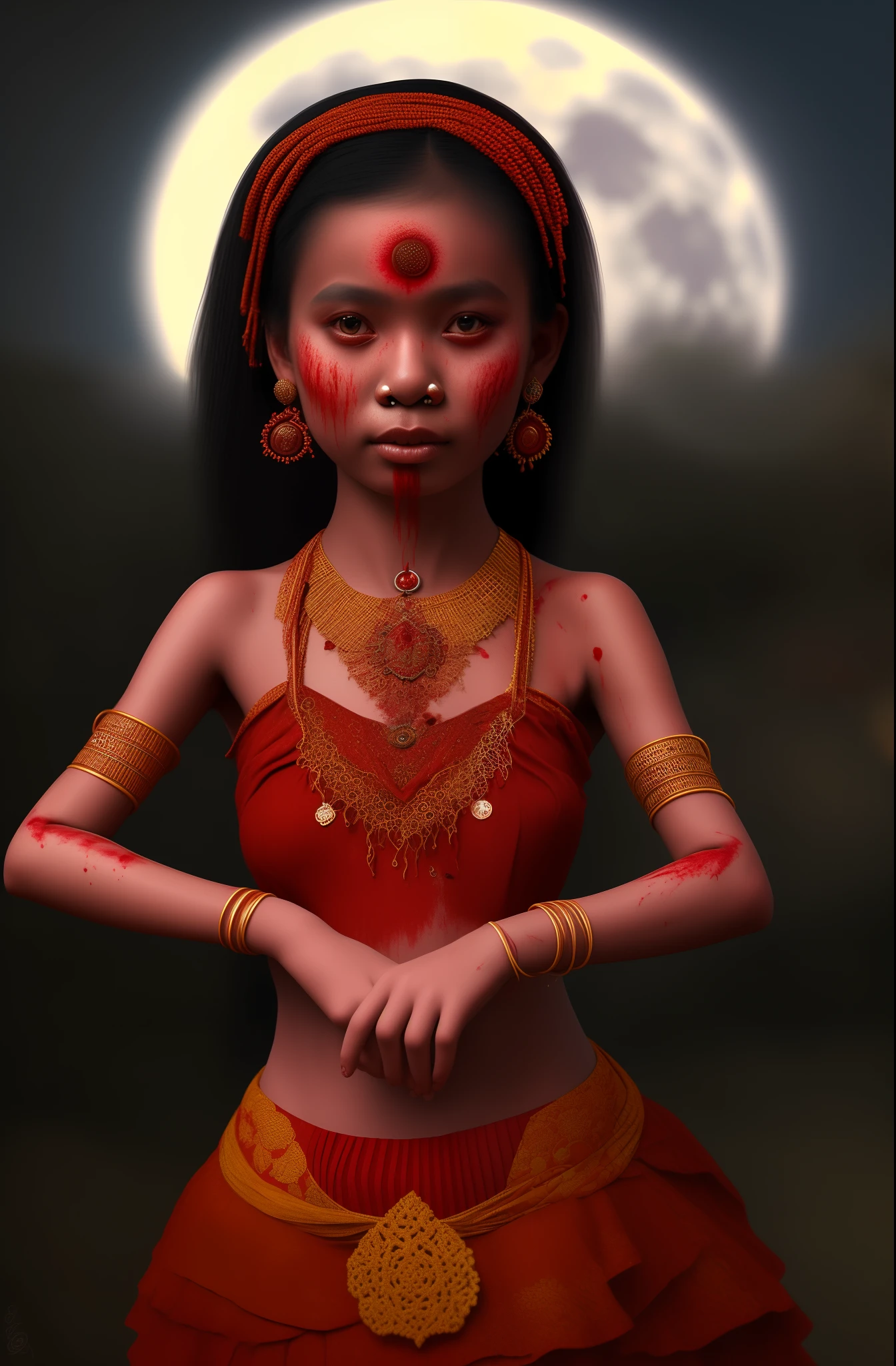 Super detail 8K javanesse girl with traditional attire under fullmoon, full of blood in the hand