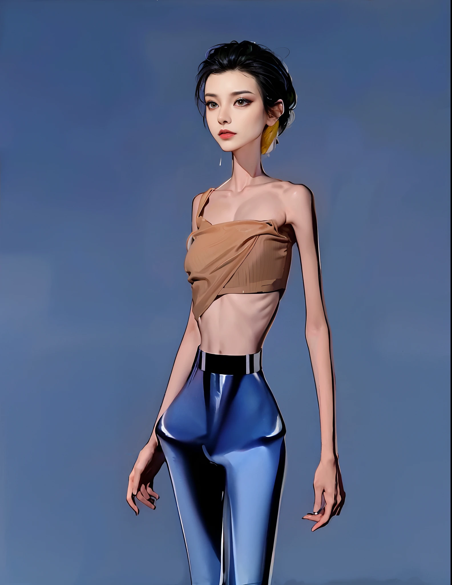 being thin,The ribs are obvious,Protruding crotch,The pelvis is pronounced,smokeing,hunger,weak,Blue leather pants,thongs