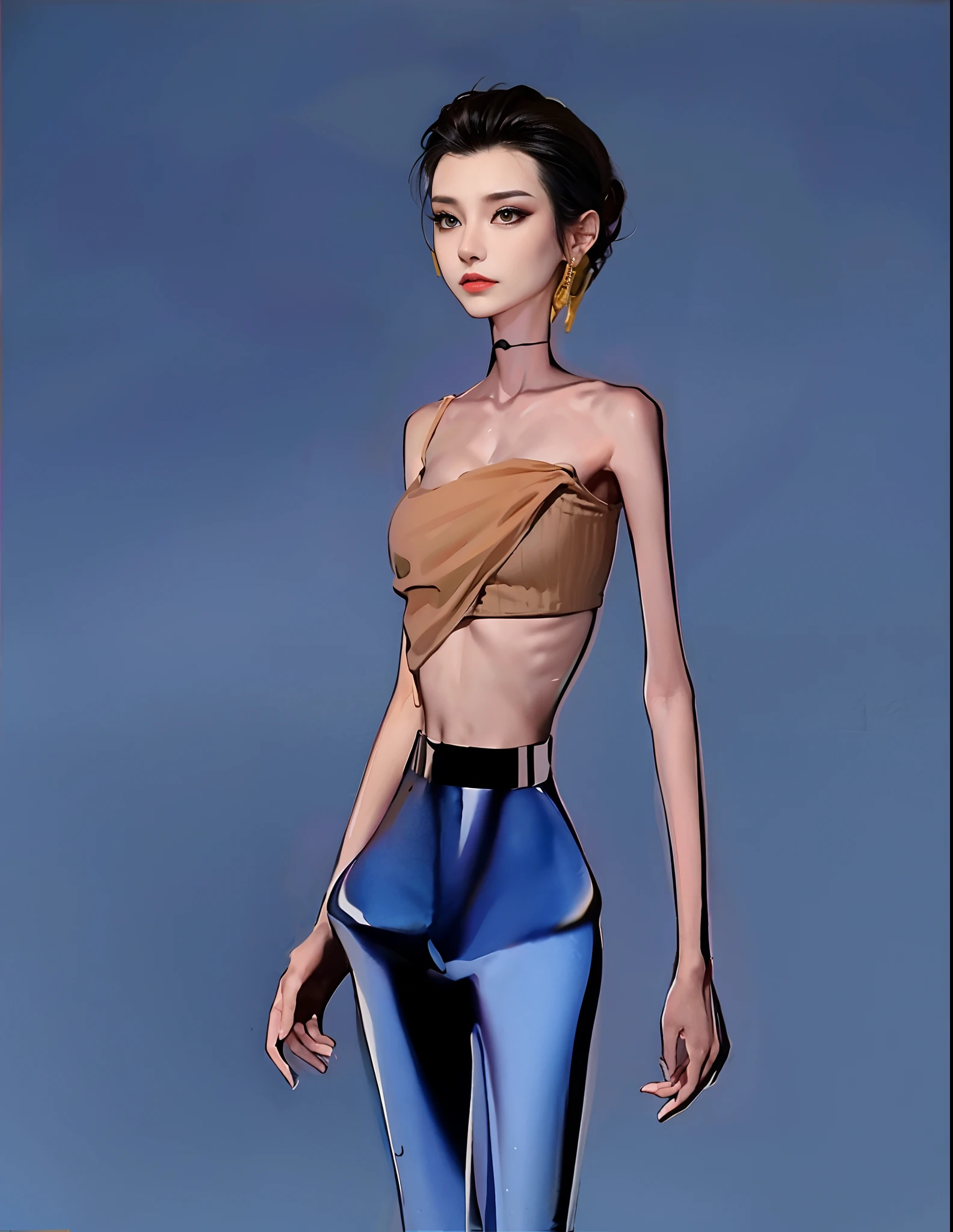 being thin,The ribs are obvious,Protruding crotch,The pelvis is pronounced,smokeing,hunger,weak,Blue leather pants,thongs