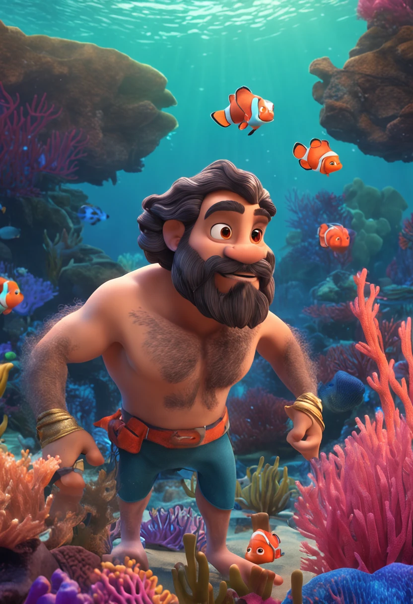 movie picture quality，style of disney animation，Disney animated films，ocean floor，The corals，Colorful，The stocky bearded uncle swims in the sea on a giant koi，short detailed hair，closeup cleavage，The barefoot，depth of fields，high light，Real light，Ray traching，oc rendered，Hyper-realistic，best qualtiy，8K，Works of masters，super-fine，Detailed pubic hair，Correct anatomy，sharp focus on eyes，Bokeh，Facial features are carefully depicted，looking at me