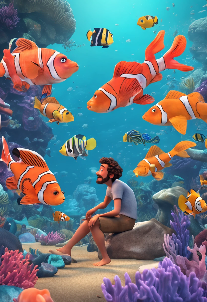 movie picture quality,style of disney animation,Disney animated films,ocean floor,The corals,Colorful,The stocky bearded uncle swims in the sea on a giant koi,short detailed hair,closeup cleavage,The barefoot,depth of fields,high light,Real light,Ray traching,oc rendered,Hyper-realistic,best qualtiy,8K,Works of masters,super-fine,Detailed pubic hair,Correct anatomy,sharp focus on eyes,Bokeh,Facial features are carefully depicted,looking at me
