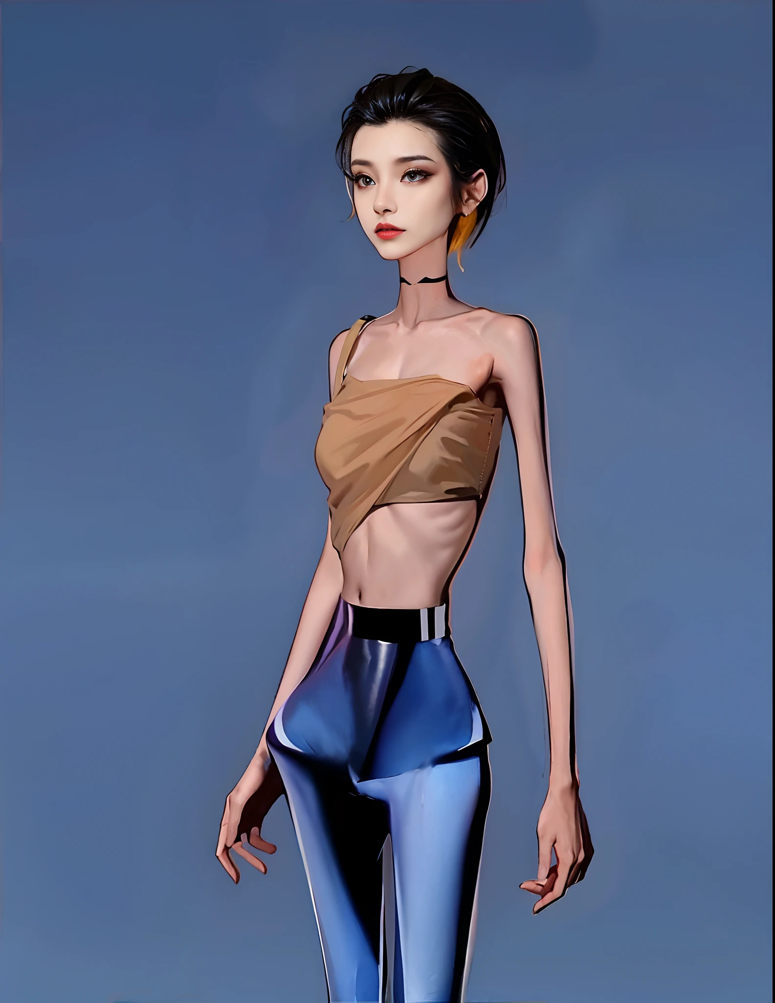 being thin,The ribs are obvious,Protruding crotch,The pelvis is pronounced,smokeing,hunger,weak,Blue leather pants,thongs