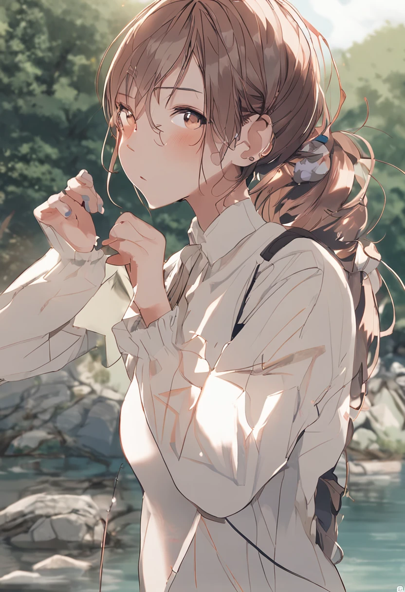 (masterpiece:1.2),
(best quality),
high quality,
high resolution,
detailed quality,
pastel,
(one girl:1.5), She is -yeld, br hair, ponitechan, taremechan, short ponytail hair with scrunchie, medium breasts, open mouth, saddly expression,
She turned her face up, She sobbed and (tears streaming:1.3)s from the corners of both closed eyes, She wearing long sleeves and long pants,
one fishing rod on the ground and mountain stream and beautiful clear water and sparse summer trees,
wide shot, upper body, normal hand,