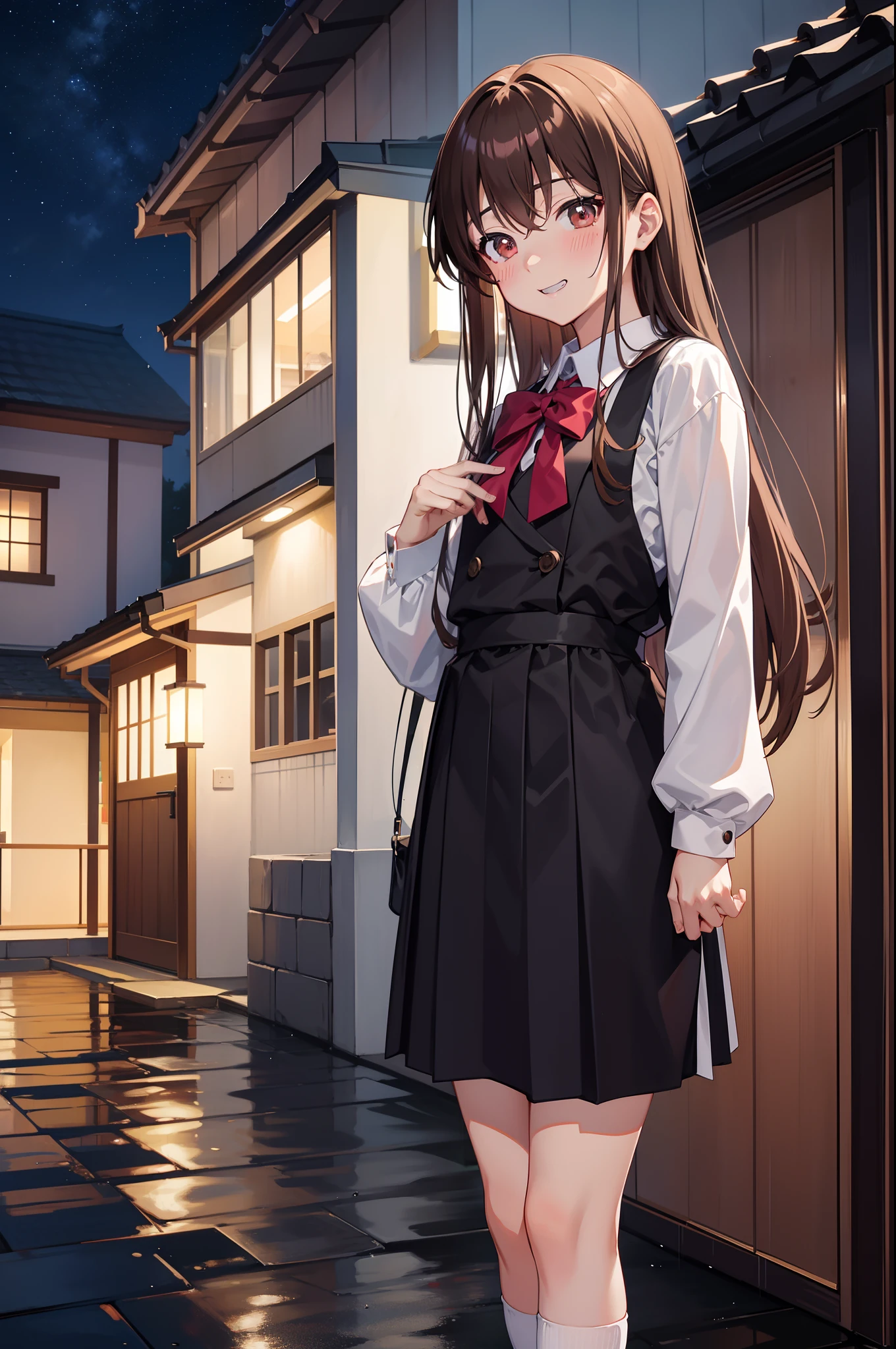 Teasing Master Takagi-san, cute idol aura, rainning and love effect, masterpieces, best quality anime 16k wallpaper, grin blushing face, body forward, camera from below, rainy background infront of house, wetted outfit, blinking pupil, long brown hair