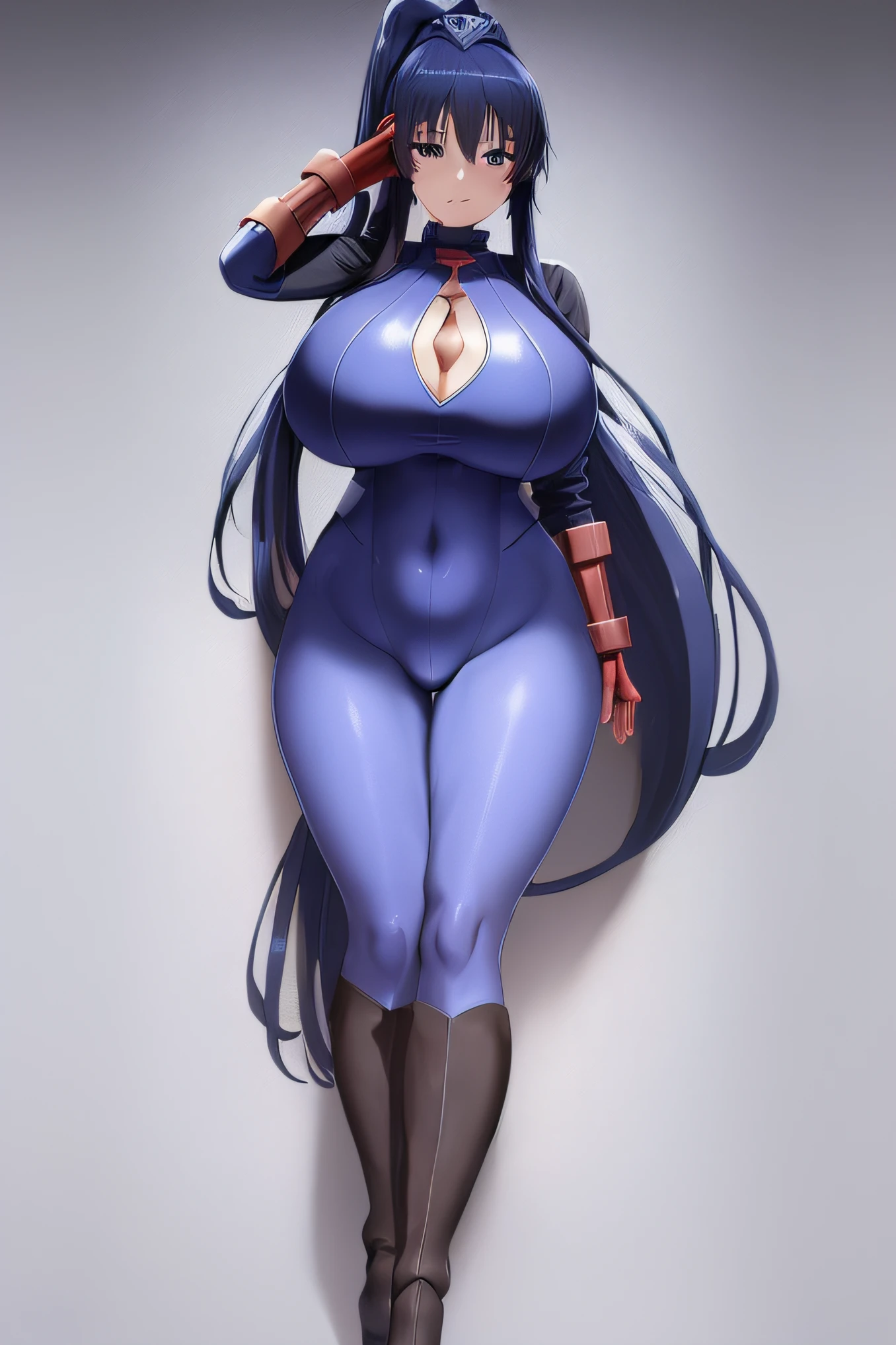 (masterpiece, ultra high resolution, best quality:1.5), full body, solo, 1girl, dollsuit, mind control,, shoes, platform heels, boots, long legs, dynamic pose, wide , thick thighs, , massive , muscular female, defined musculature, akiyama rinko, high heel boots, shiny clothes, , covered , cleavage, cleavage cutout, covered navel,long hair, bangs, ponytail, blue hair, 1girl, full body, masterpiece, best quality, Amazing, beautiful detailed eyes, finely detailed,expressionless, saluting, empty eyes