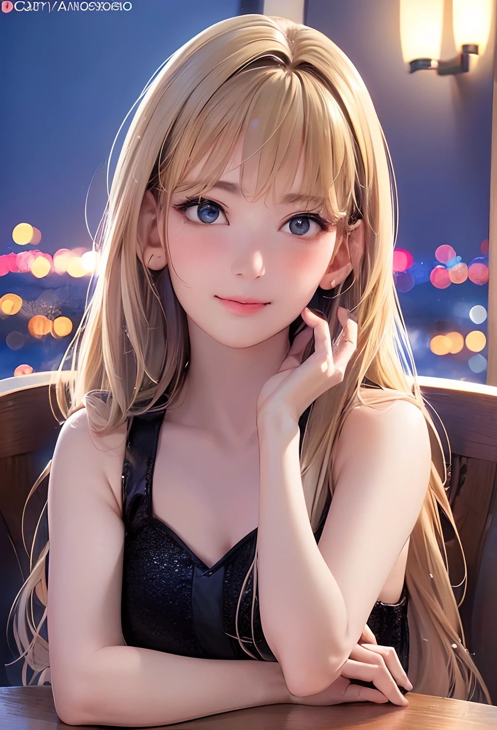 (8K, Best quality, Masterpiece:1.2), (Realistic, photo-realistic:1.37), Ultra-detailed, 1 girl,Cute, Solo,midnight,Beautiful detailed sky,Detailed Cafe,Sitting,dated,(nose blush),(Smile:1.15),(Closed mouth) Small breasts,Beautiful detailed eyes,Floating hair NovaFrogStyle,Backless dress