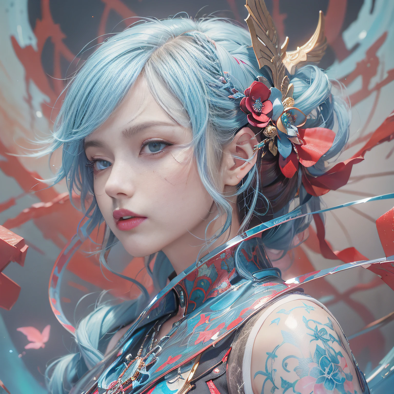 (dark brown eyes:1.2),(Light blue and crimson)、奈良美智,Lightning speed、Neon Art、Cyber Girl,Elaborate metallic bones、Ayako Rokkaku、Painting, watercolor paiting、Double helix,foam, Best Quality, masutepiece, 超A high resolution, Intricate details, Mystical