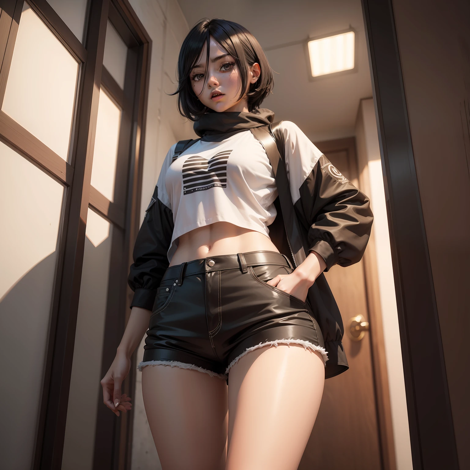 Rukia, anime screencap, anime bleach, cidade, 1girl, solo, cabelo curto, cabelo preto, olhos roxos, olhando para o espectador, cabelo entre os olhos, luxurioso, boca fechada, bunda, quadris largos, top curto, shorts curtos, shorts desabotoados, agachamento, pernas afastadas, erotic, costas