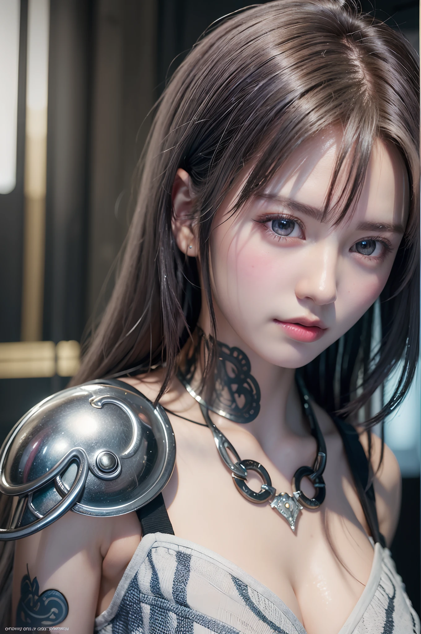 top-quality、8K Masterpiece、超A high resolution、(Photorealsitic:1.3)、Raw photo、1人、silver white hair、glowy skin、1 Cyberpunk Super Beautiful Soldier、((super realistic details))、portlate、globalillumination、Shadow、octan render、8K、ultrasharp、beauty breast、Raw skin is exposed in cleavage、metals、cold color、、highly intricate detail、Realistic light、CGSoation Trends、Beautiful eyes、radiant eyes、Facing the camera、neon details、