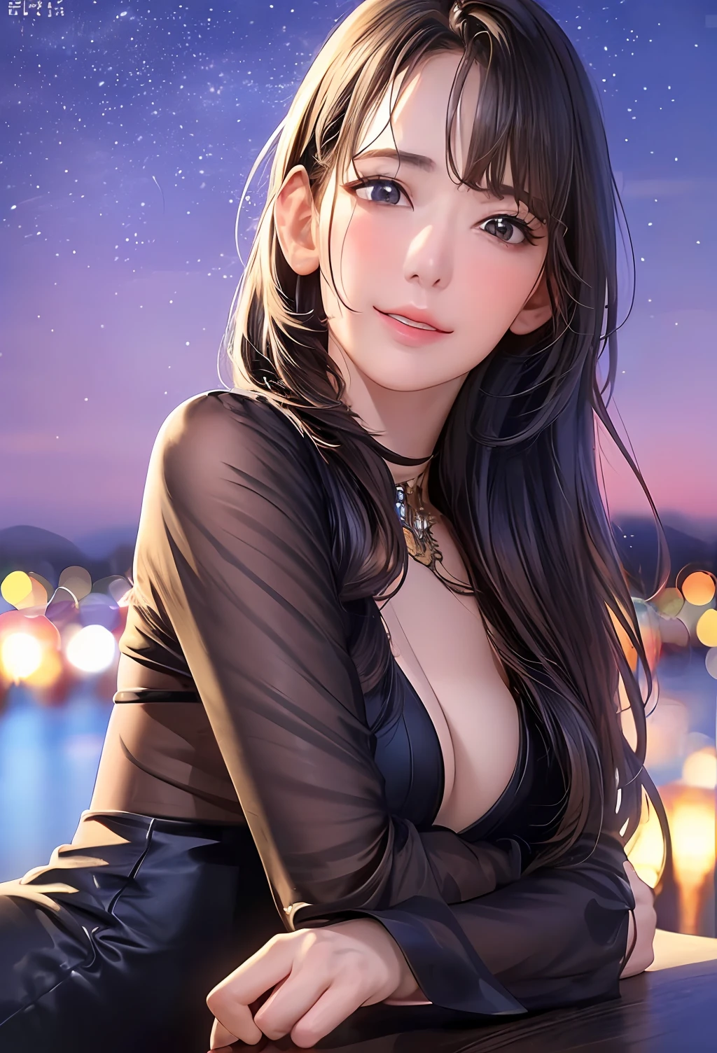 (8K, Best quality, Masterpiece:1.2), (Realistic, photo-realistic:1.37), Ultra-detailed, 1 girl,Cute, Solo,midnight,Beautiful detailed sky,Detailed Cafe,Sitting,dated,(nose blush),(Smile:1.15),(Closed mouth) Small breasts,Beautiful detailed eyes,Floating hair NovaFrogStyle,Backless dress