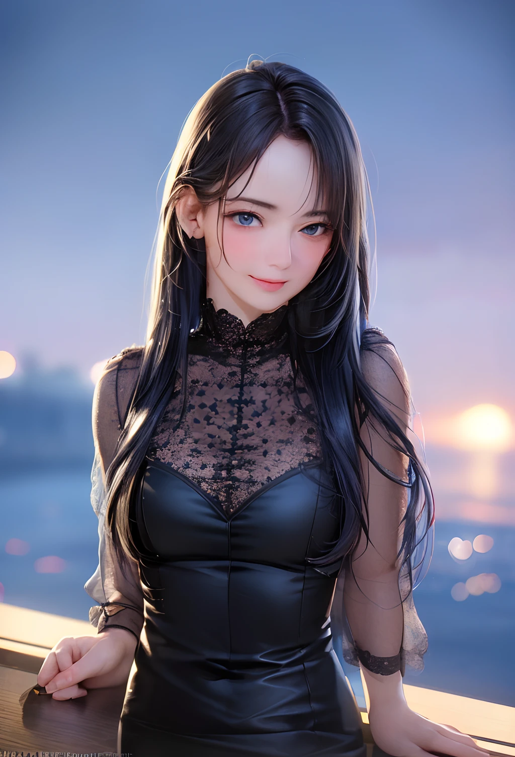 (Long hair with natural waves), (character on front), outdoors, dark hair, dark eyes, lady, masterpiece, best quality, looking at viewer,
night, black theme,