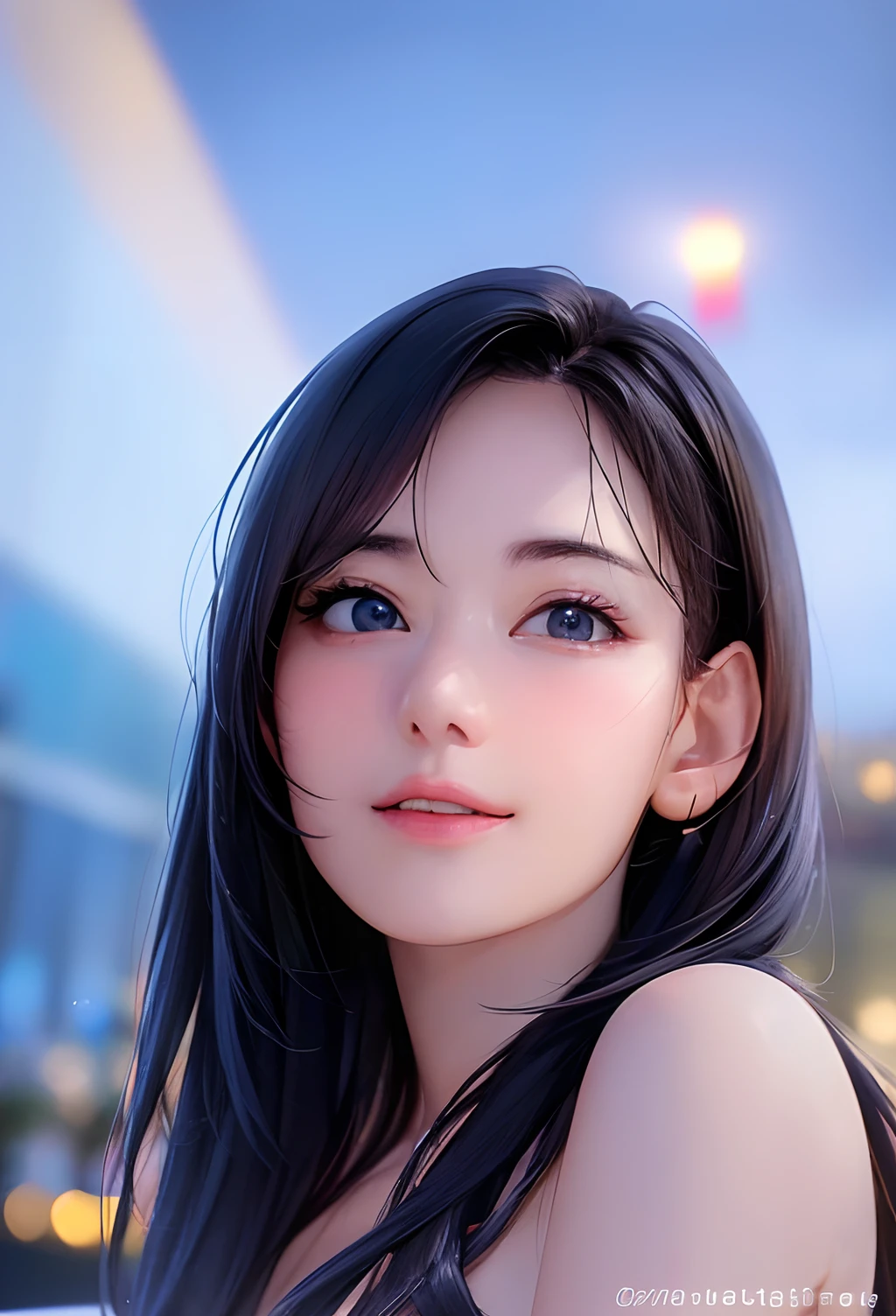 (8K, Best quality, Masterpiece:1.2), (Realistic, photo-realistic:1.37), Ultra-detailed, 1 girl,Cute, Solo,midnight,Beautiful detailed sky,Detailed Cafe,Sitting,dated,(nose blush),(Smile:1.15),(Closed mouth) Small breasts,Beautiful detailed eyes,Floating hair NovaFrogStyle,Backless dress