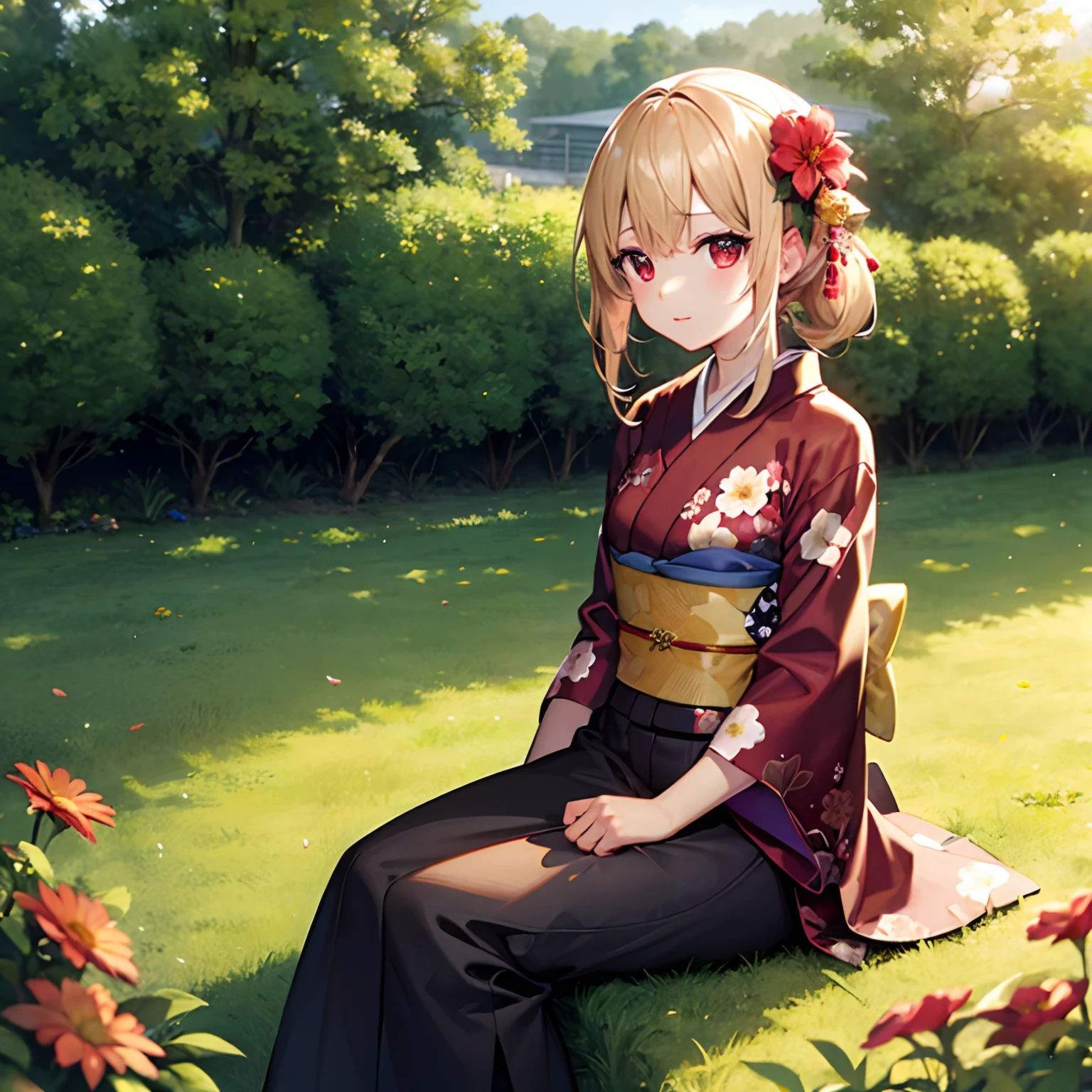 a blond、red eyes、Beautiful girl alone、Floral kimono、flower  field、sitting on、