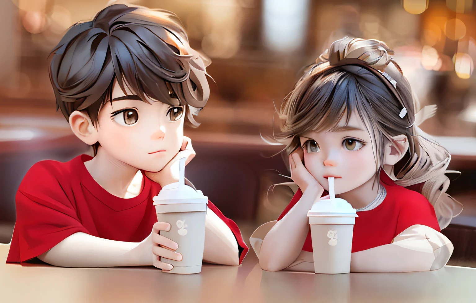 Anime couple drinking coffee in a café, adorable digital art, lovely digital painting, Cute cartoon, Boy and girl, Cute detailed digital art, lovely art style, cute artwork, Guviz-style artwork, Cute anime, cute couple, cute beautiful, digital cartoon painting art, Cute girls, Realistic anime 3 D style, Cute and lovely, Smooth anime CG art