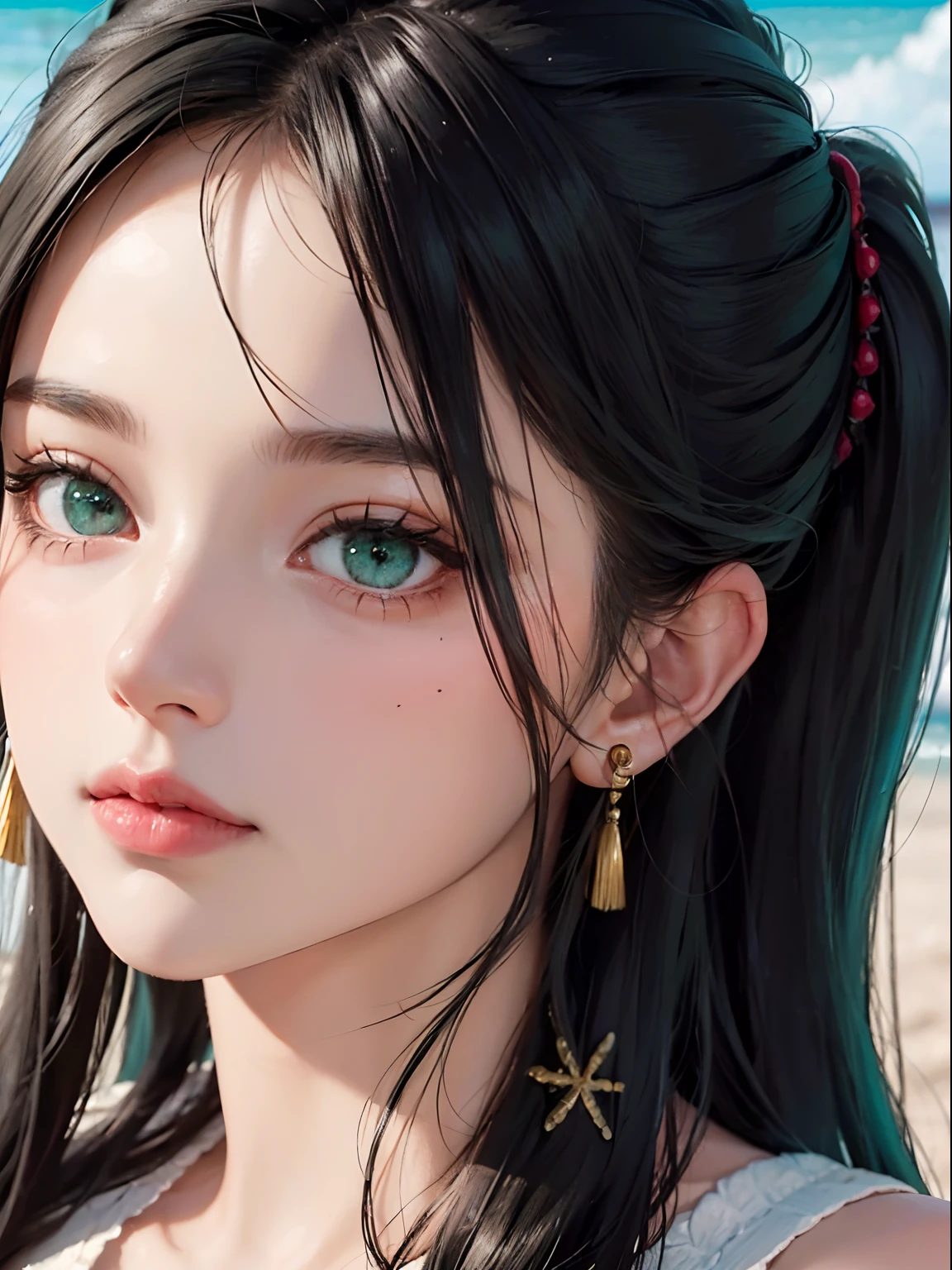 2.5D, 1 Lady,  facial close-up, (((1 Lady:1.37, Solo))), (((Extreme close-up of the face))), (Beautiful face, Cute face, Detailed face,),  BREAK, ((( Black hair, Semi-long hair, Hair pulled back, Wavy Hair, poneyTail))), (((Detailed beautiful green eyes,))), BREAK, (((Sunny))), (((in beach))), BREAK, Cinematic lighting