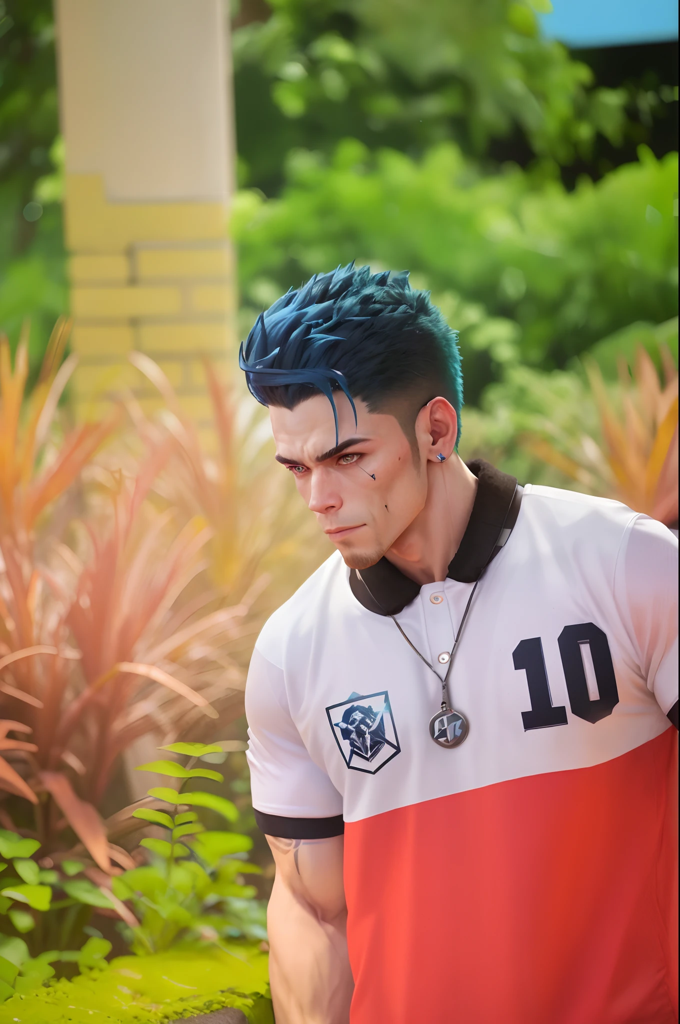 A muscular monkey 8k, cinematic lighting, cyberpunk, dark boy,blue hair,daylight,face facing forward , background change, shirtless,body builder,likemonster,neon background