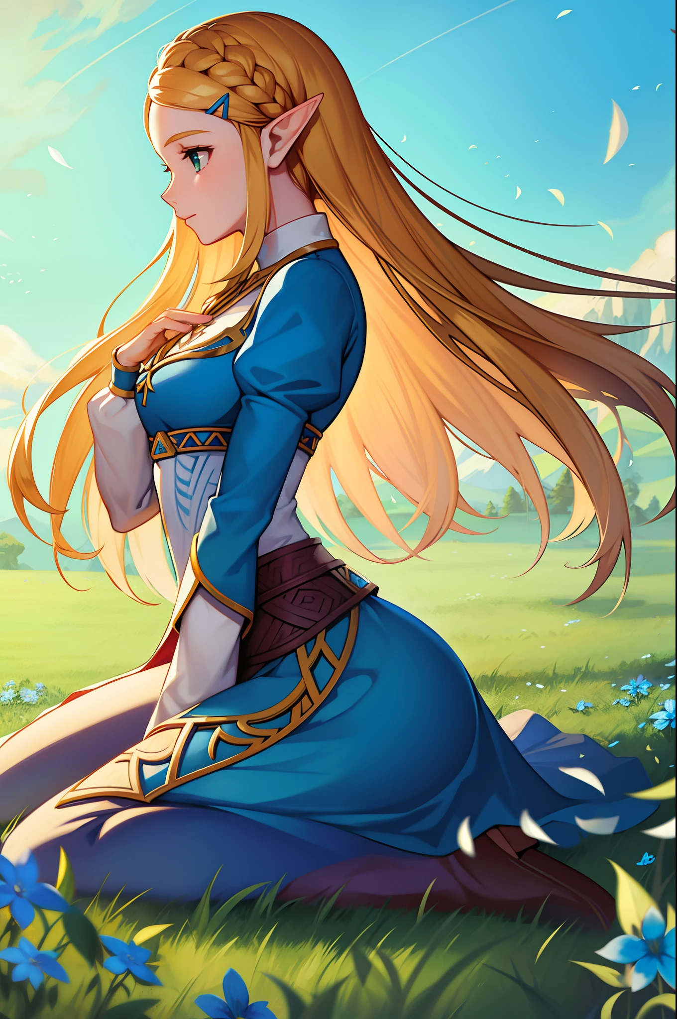 princess zelda, 1girl, bangs, blonde hair, blue dress, blue flower, braid, breasts, dress, falling petals, flower, full body, gingx02, green eyes, kneeling, long hair, long sleeves, looking to the side, medium breasts, nintendo, outdoors, parted bangs, petals, pointy ears, princess zelda, profile, sidelocks, silent princess, solo, the legend of zelda, the legend of zelda: breath of the wild