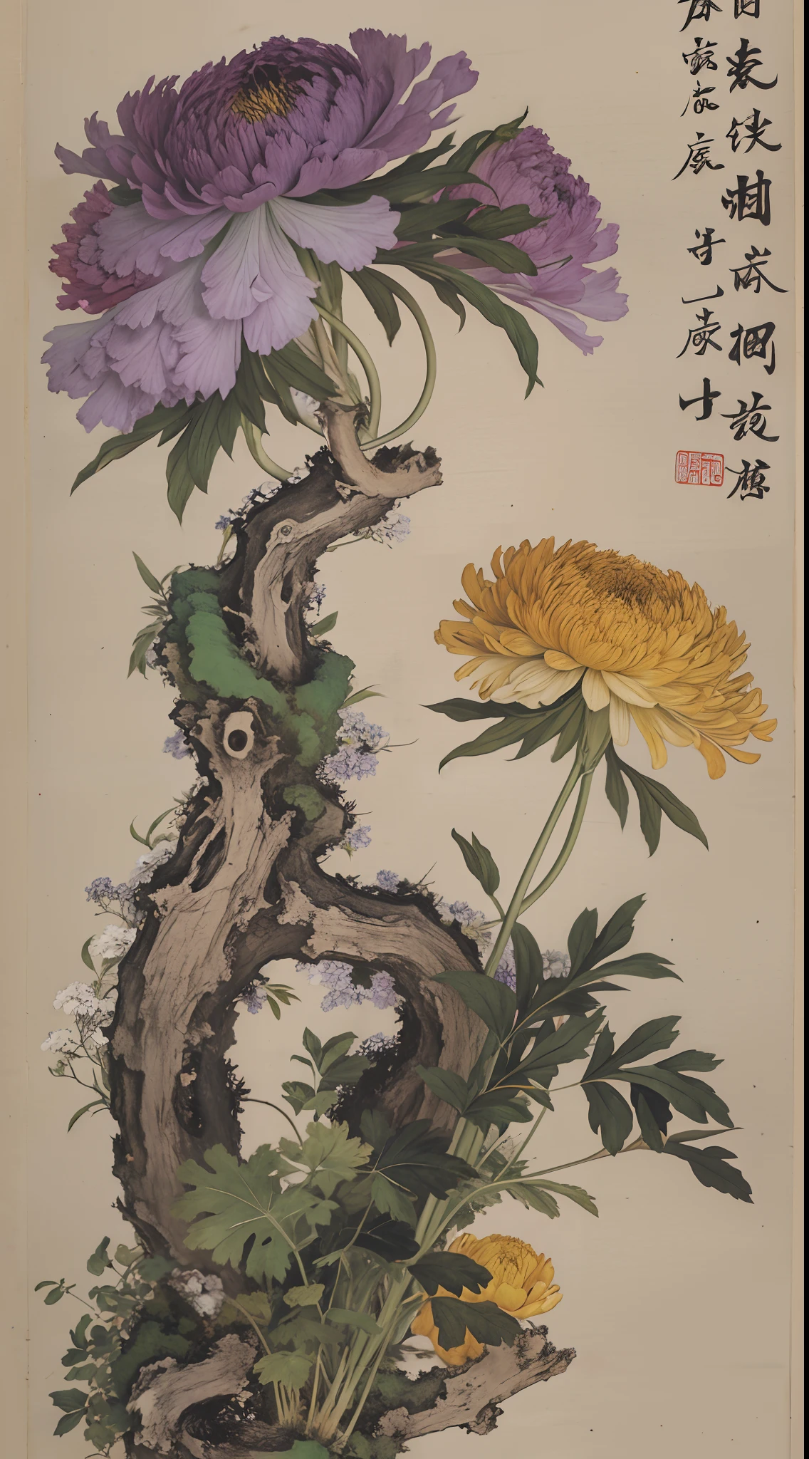 Purple chrysanthemum,Yellow stamen, No_Humanity, branch, plant, leafs, tree