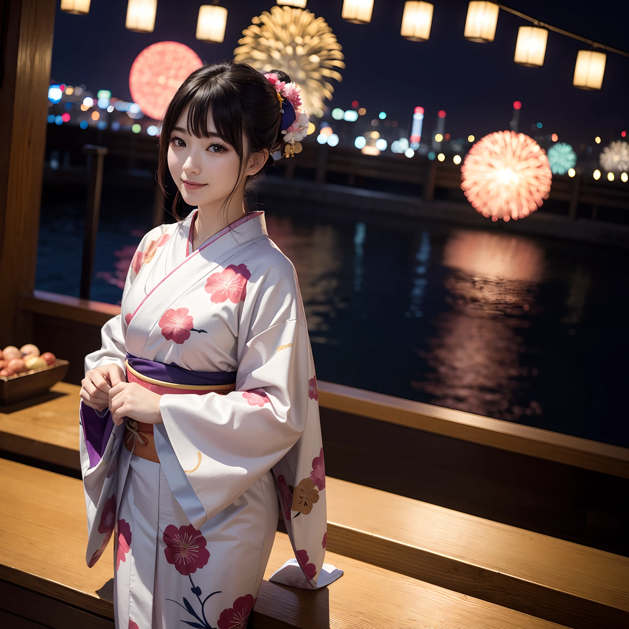 (a masterpiece of、top-quality:1.2)、ultra-detailliert、lighting like a movie、（（（Beautiful woman looking up at fireworks）））、A smile、woman wearing the kimono, bath robe, classy yukata clothing, Wearing a colorful yukata, in a kimono, Wearing a kimono, japanese kimono, in a kimono, Komono, wearing a haori, Yukata with morning glory pattern, A Japanese style, Wearing kimono,