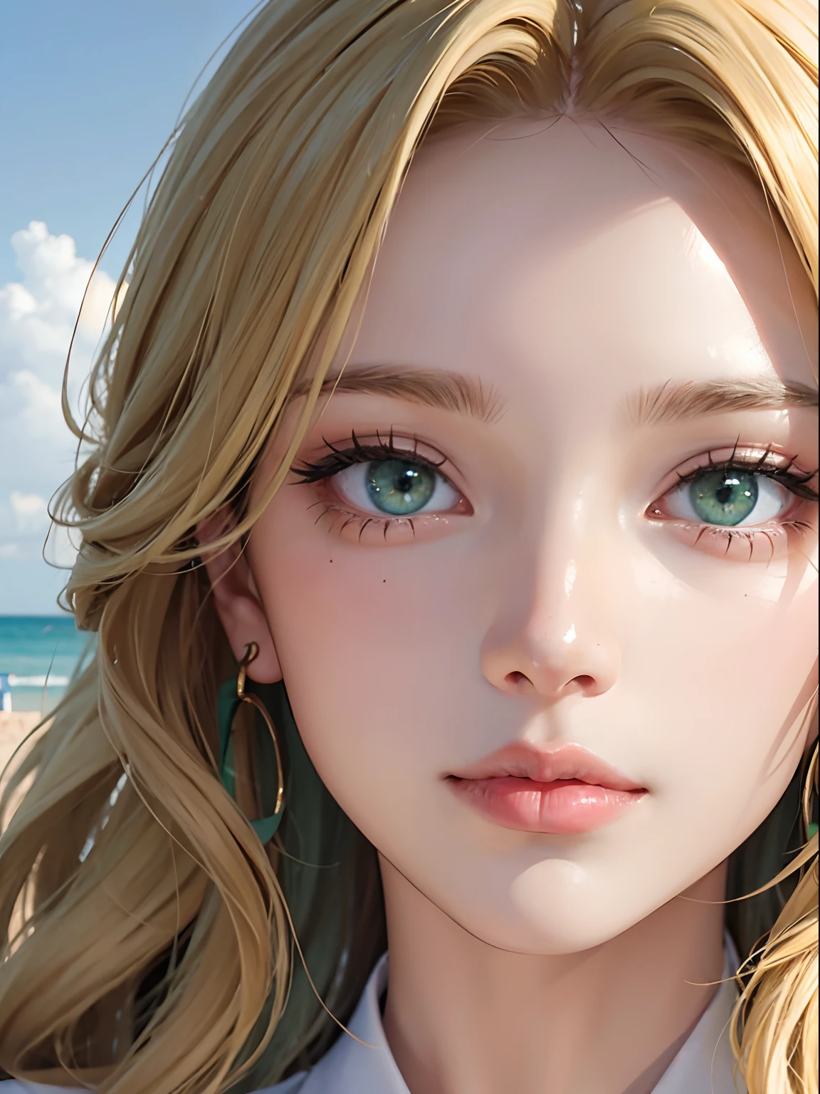 2.5D, 1 Lady,  facial close-up, (((1 Lady:1.37, Solo))), (((Extreme close-up of the face))), (Beautiful face, Cute face, Detailed face,),  BREAK, ((( Golden hair, Semi-long hair, Hair pulled back, Wavy Hair))), (((Detailed beautiful green eyes,))), BREAK, (((Sunny))), (((in beach))), BREAK, Cinematic lighting