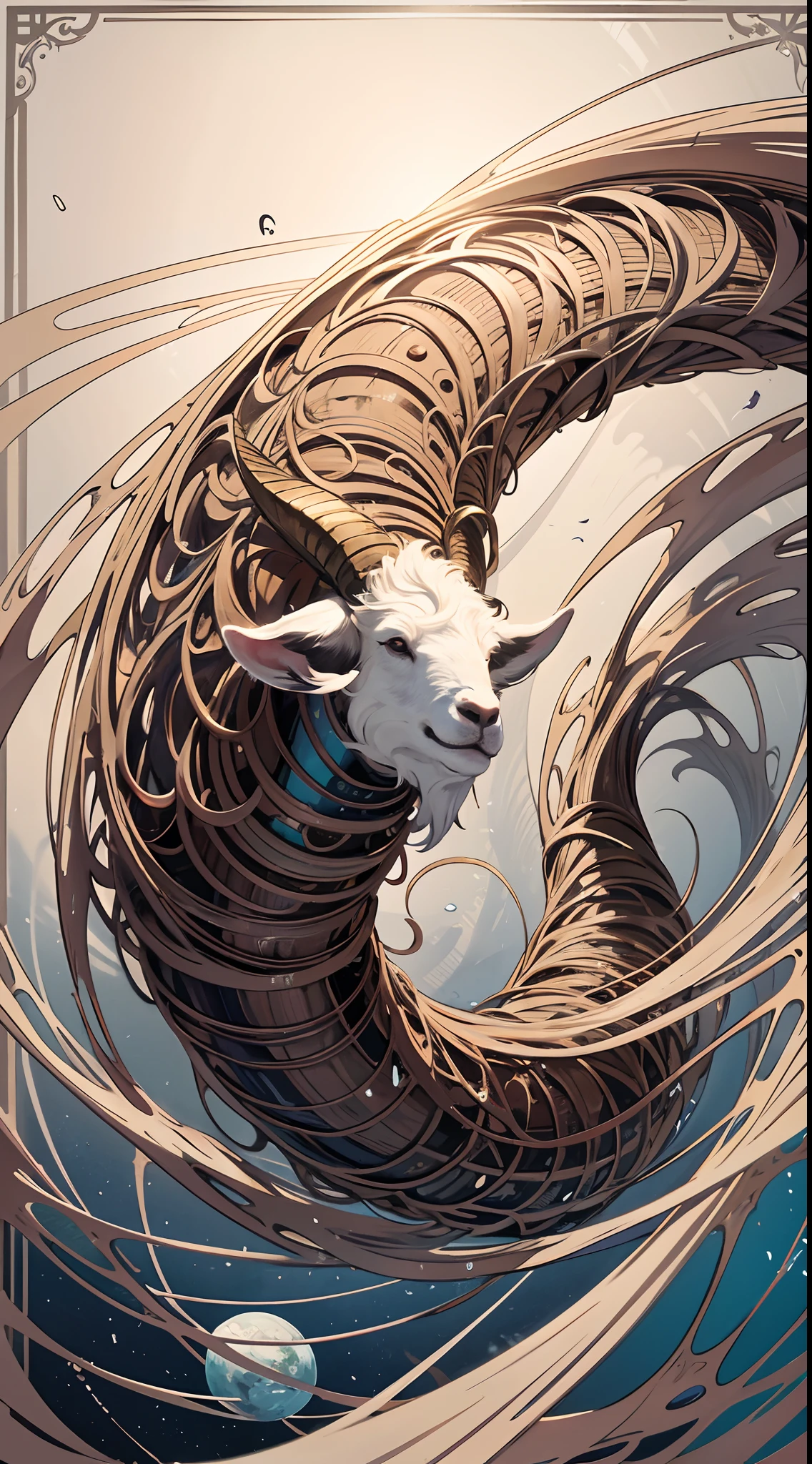 (tmasterpiece,best qualtiy,A high resolution:1.4),A detailed,Complicated details,4K,splash of color,line art,Artistically,Fibonacci,goats,Huge horns,Tail of a fish