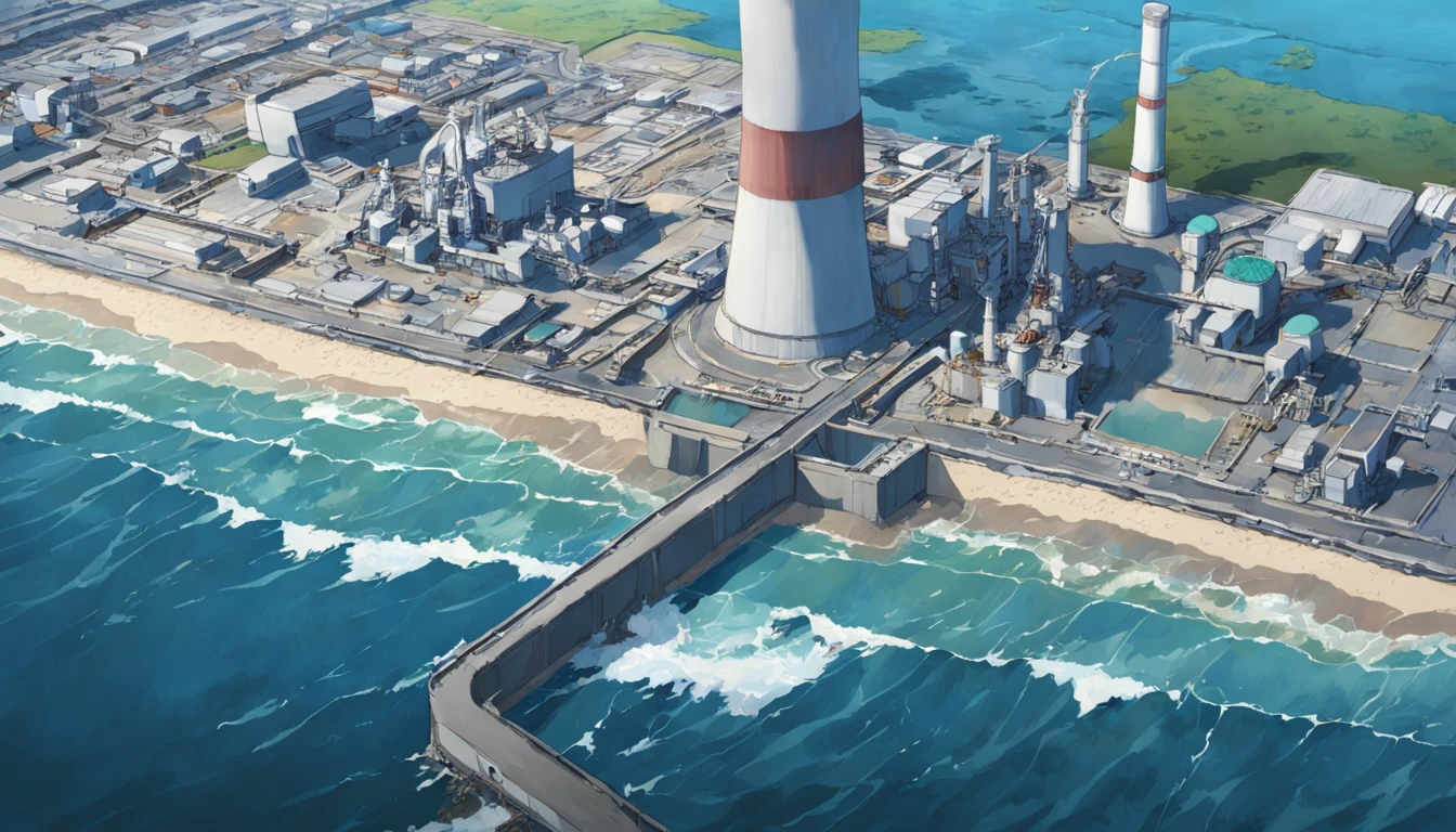 Depicting the appearance of the Fukushima nuclear power plant, Displays the drain,Dumping contaminated water into the ocean. Emphasize the contrast between nuclear power plants and the vast sea