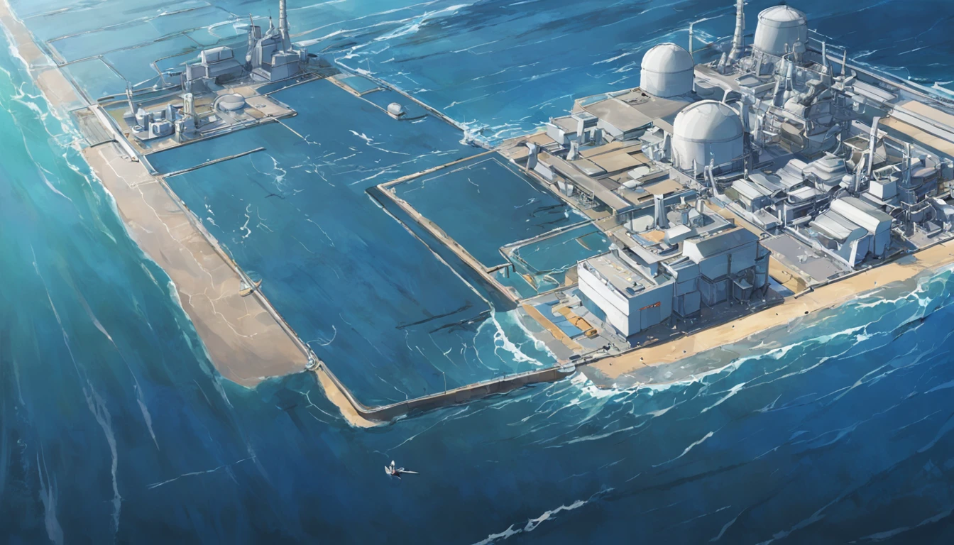 Depicting the appearance of the Fukushima nuclear power plant, Displays the drain,Dumping contaminated water into the ocean. Emphasize the contrast between nuclear power plants and the vast sea