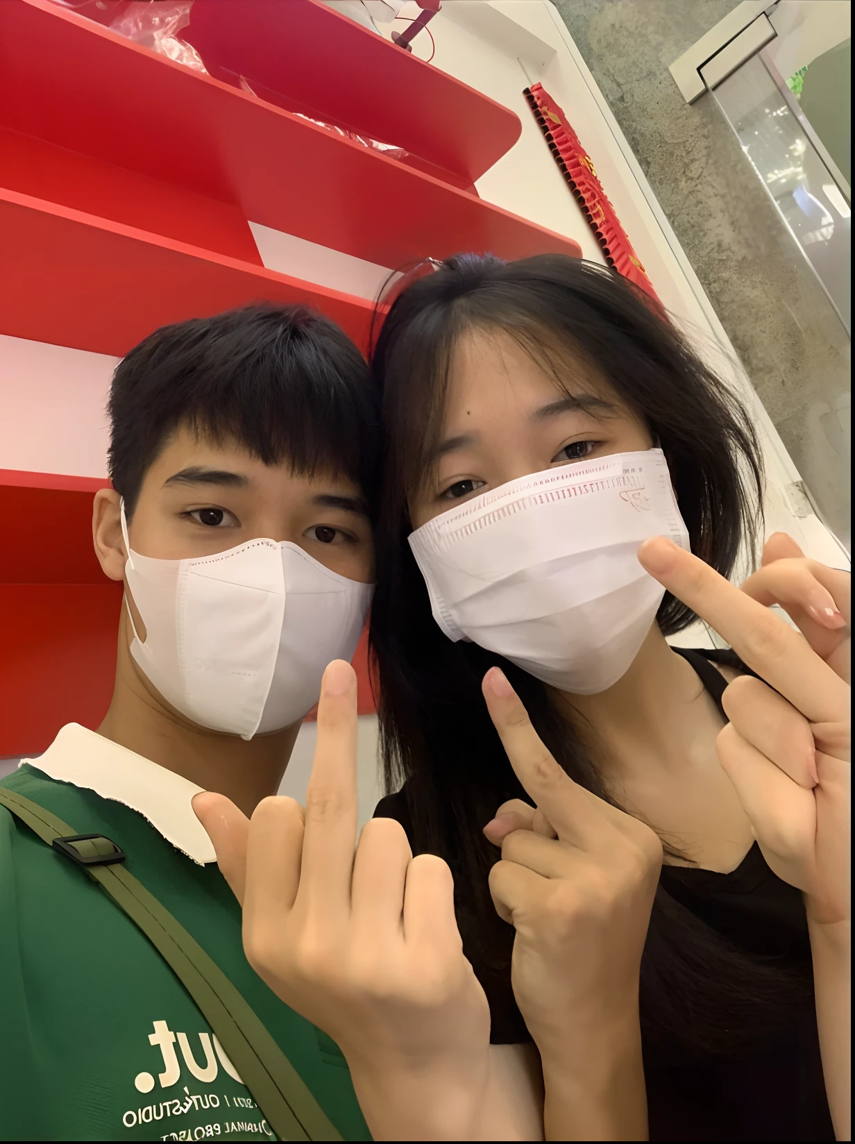 they are wearing masks and making the peace sign with their hands, ruan jia and fenghua zhong, lovely couple, ssao 8 k, kanliu666, profile pic, wearing mask, wearing facemask, surgical mask covering mouth, ulzzang, profile picture 1024px, dang my linh, 👅 👅, 8k))