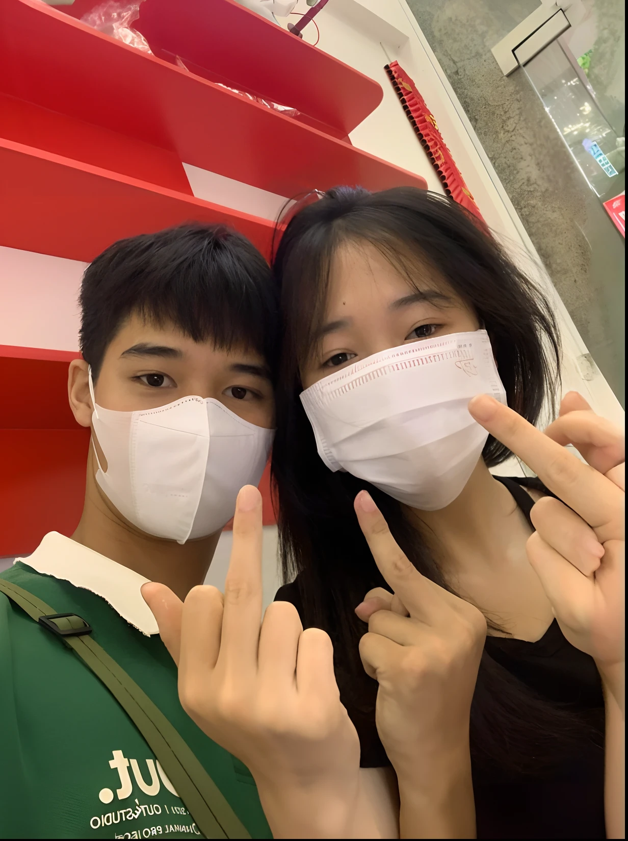 they are wearing masks and making the peace sign with their hands, ruan jia and fenghua zhong, lovely couple, ssao 8 k, kanliu666, profile pic, wearing mask, wearing facemask, surgical mask covering mouth, ulzzang, profile picture 1024px, dang my linh, 👅 👅, 8k))